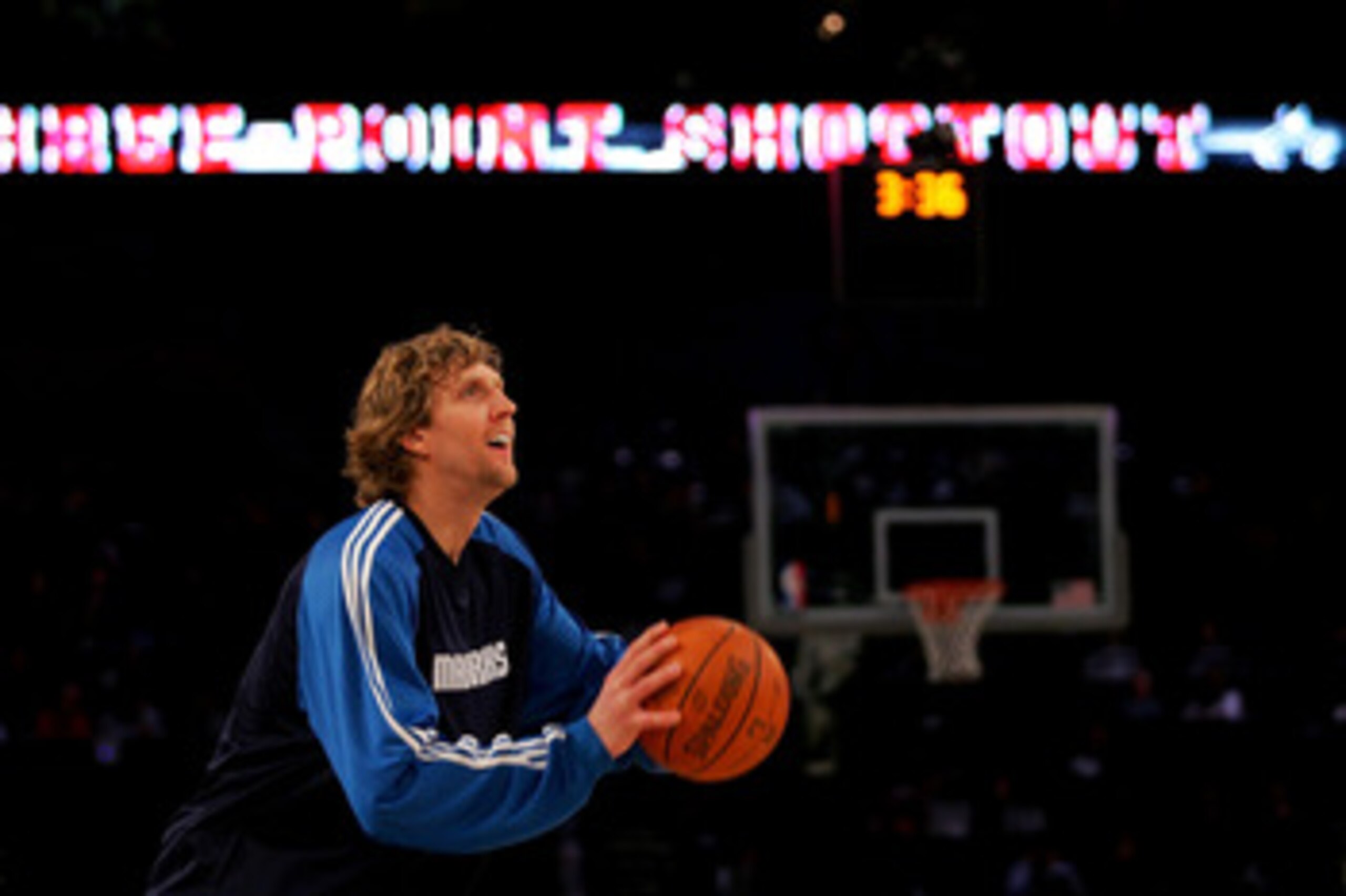NEW ORLEANS - FEBRUARY 16:  Dirk Nowitzki of the Dallas Mavericks warms up for the Foot Locker Three-Point Shootout, part of 2008 NBA All-Star Weekend at the New Orleans Arena on February 16, 2008 in New Orleans, Louisiana.  NOTE TO USER: User expressly a