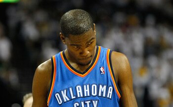 MEMPHIS, TN - MAY 13:  Kevin Durant #35 of the Oklahoma City Thunder reacts after missing a three-point basket in the final minutes against the Memphis Grizzlies in Game Six of the Western Conference Semifinals in the 2011 NBA Playoffs at FedExForum on Ma