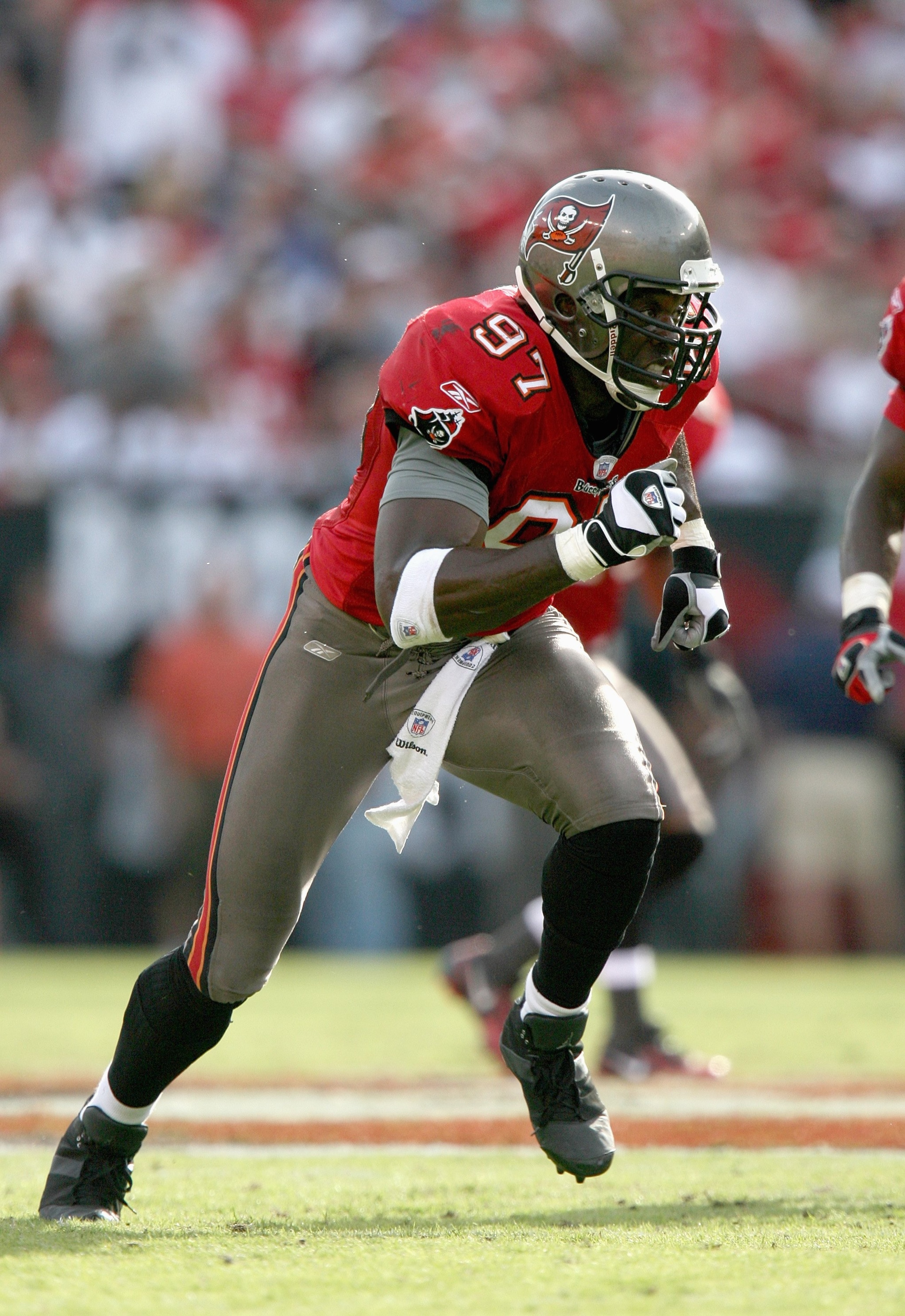 TAMPA, FL - NOVEMBER 5: Simeon Rice #97 of the Tampa Bay Buccaneers runs on the field during the game against the New Orleans Saints on November 5, 2006 at Raymond James Stadium in Tampa, Florida. The Saints defeated the Bucs 31-14. (Photo by Doug Benc/G TAMPA, FL - NOVEMBER 5: Simeon Rice #97 of the Tampa Bay Buccaneers runs on the field during the game against the New Orleans Saints on November 5, 2006 at Raymond James Stadium in Tampa, Florida. The Saints defeated the Bucs 31-14. (Photo by Doug Benc/G