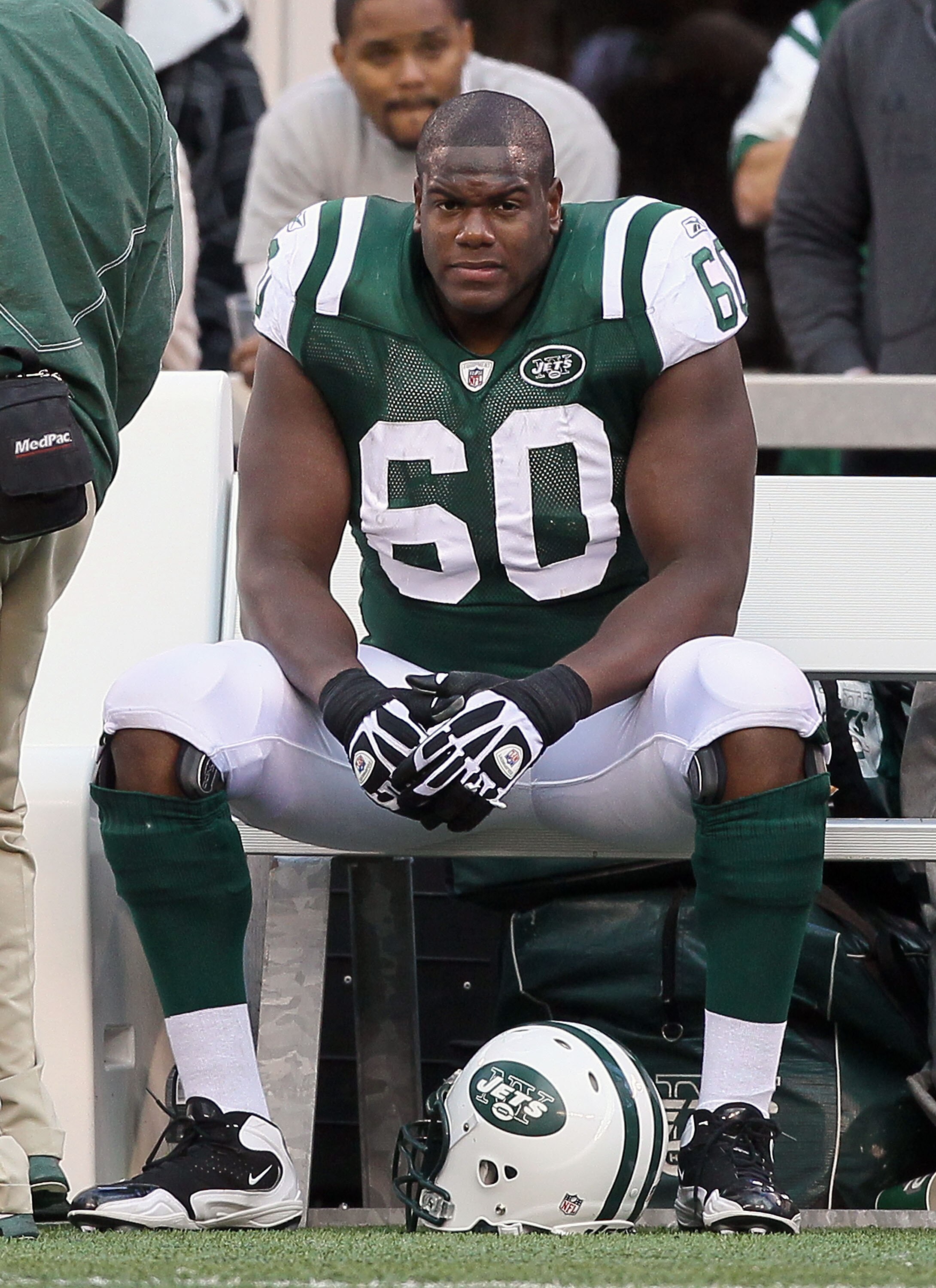 EAST RUTHERFORD, NJ - OCTOBER 31:  D'Brickashaw Ferguson #60 of the New York Jets looks on late in the game against the Green Bay Packers on October 31, 2010 at the New Meadowlands Stadium in East Rutherford, New Jersey. The Packers defeated the Jets 9-0.