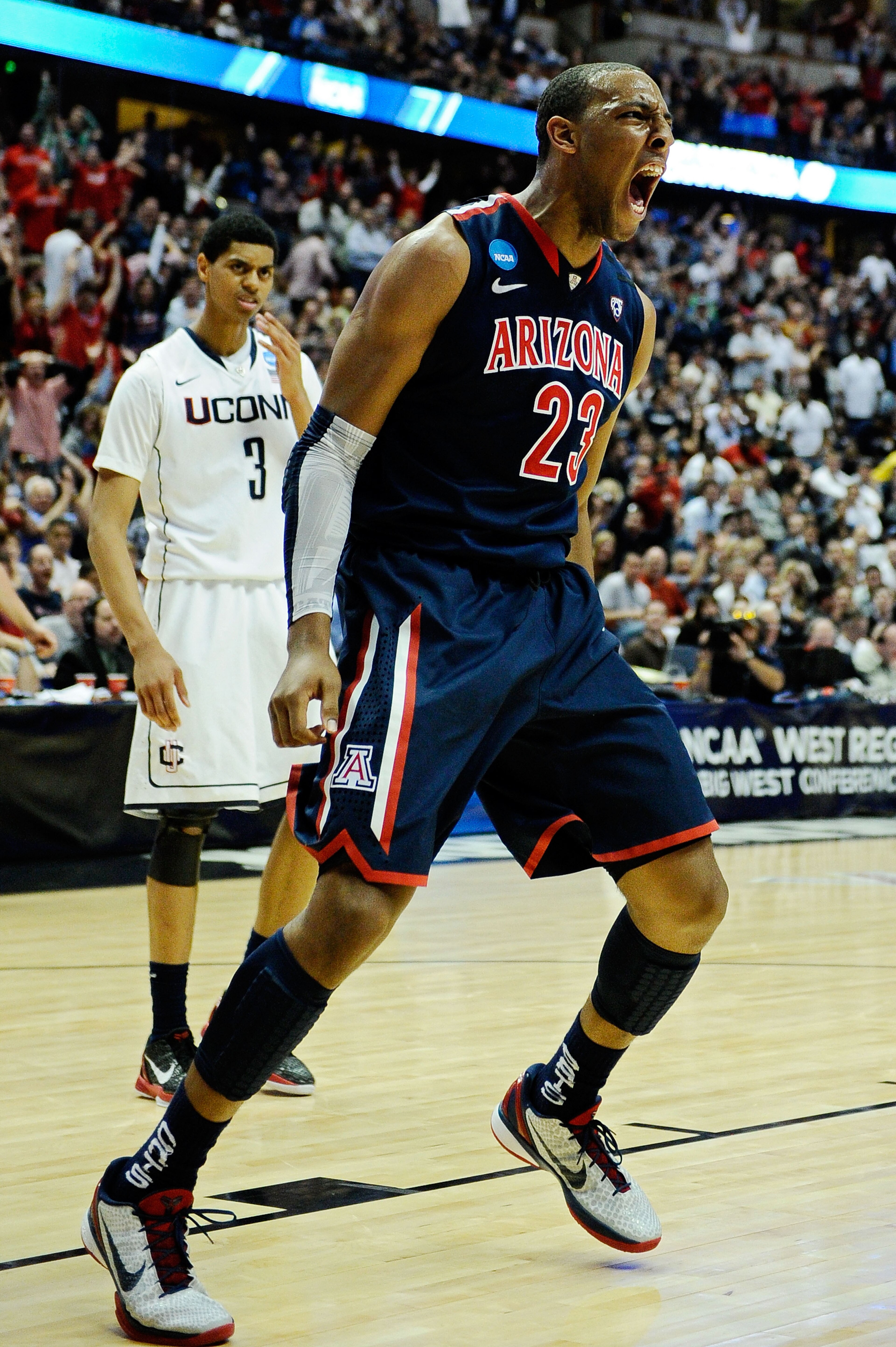 ANAHEIM, CA - MARCH 26:  Derrick Williams #23 of the Arizona Wildcats reacts after a dunk against of the Connecticut Huskies during the west regional final of the 2011 NCAA men's basketball tournament at the Honda Center on March 26, 2011 in Anaheim, Cali