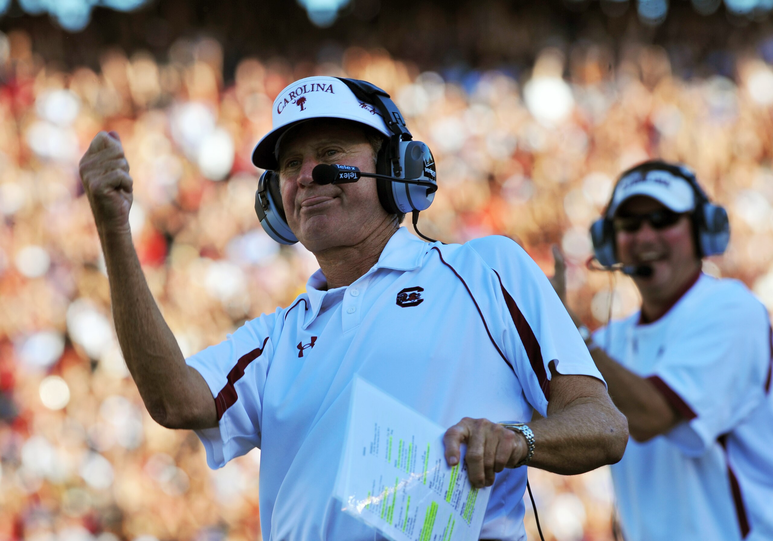 COLUMBIA, SC - OCTOBER 9: Coach Steve Spurrier of the South Carolina Gamecocks cheers a touchdown against the Alabama Crimson Tide October 9, 2010 at Williams-Brice Stadium in Columbia, South Carolina.  (Photo by Al Messerschmidt/Getty Images)