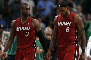 BOSTON, MA - MAY 07: Dwyane Wade #3 and LeBron James #6 of the Miami Heat walk on the court near the end of the game against the Boston Celtics in Game Three of the Eastern Conference Semifinals in the 2011 NBA Playoffs on May 7, 2011 at the TD Garden in