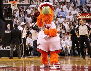MIAMI, FL - MAY 03:  Miami Heat mascot Burnie waves the American Flag during Game Two of the Eastern Conference Semifinals of the 2011 NBA Playoffs against the Boston Celtics at American Airlines Arena on May 3, 2011 in Miami, Florida. NOTE TO USER: User 