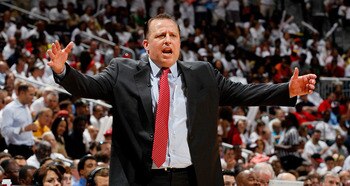 ATLANTA, GA - MAY 12:  Tom Thibodeau of the Chicago Bulls argues a call against the Atlanta Hawks in Game Six of the Eastern Conference Semifinals in the 2011 NBA Playoffs at Phillips Arena on May 12, 2011 in Atlanta, Georgia.  NOTE TO USER: User expressl