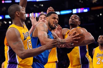 LOS ANGELES, CA - MAY 04:  Tyson Chandler #6 of the Dallas Mavericks has the ball as he goes up against Pau Gasol #16, Andrew Bynum #17 and Ron Artest #15 of the Los Angeles Lakers in the second quarter in Game Two of the Western Conference Semifinals in