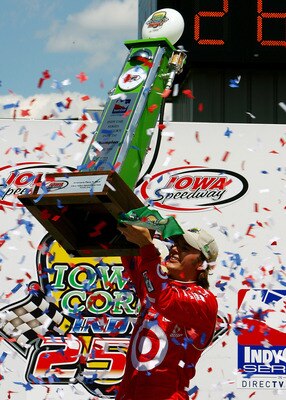 NEWTON, IA - JUNE 22:  Dan Wheldon, driver of the #10 Target Chip Ganassi Racing Dallara Honda celebrates winning the IRL Indycar Series Iowa Corn Indy 250 on June 22, 2008 at the Iowa Speedway in Newton, Iowa.  (Photo by Darrell Ingham/Getty Images)