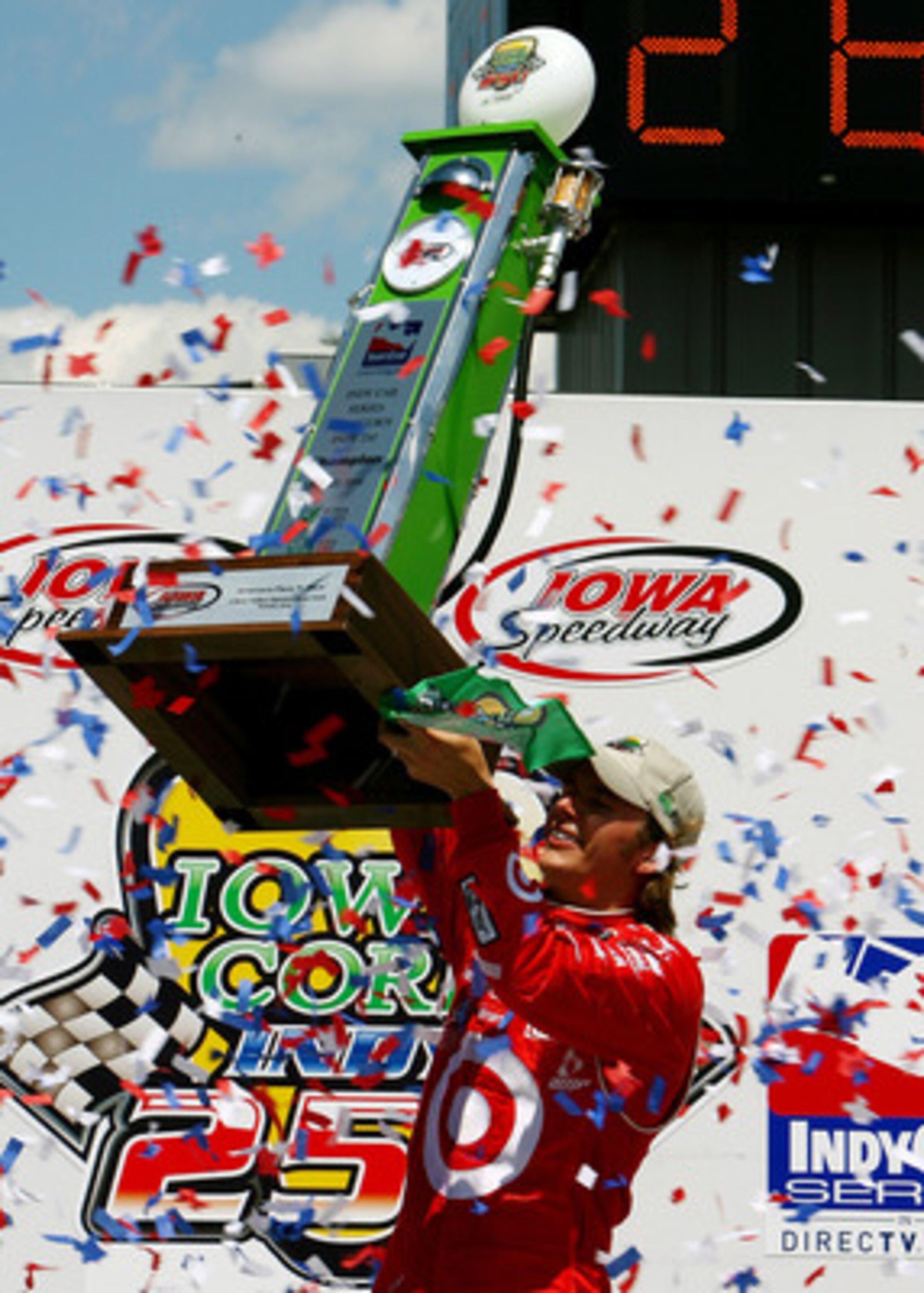 NEWTON, IA - JUNE 22:  Dan Wheldon, driver of the #10 Target Chip Ganassi Racing Dallara Honda celebrates winning the IRL Indycar Series Iowa Corn Indy 250 on June 22, 2008 at the Iowa Speedway in Newton, Iowa.  (Photo by Darrell Ingham/Getty Images)