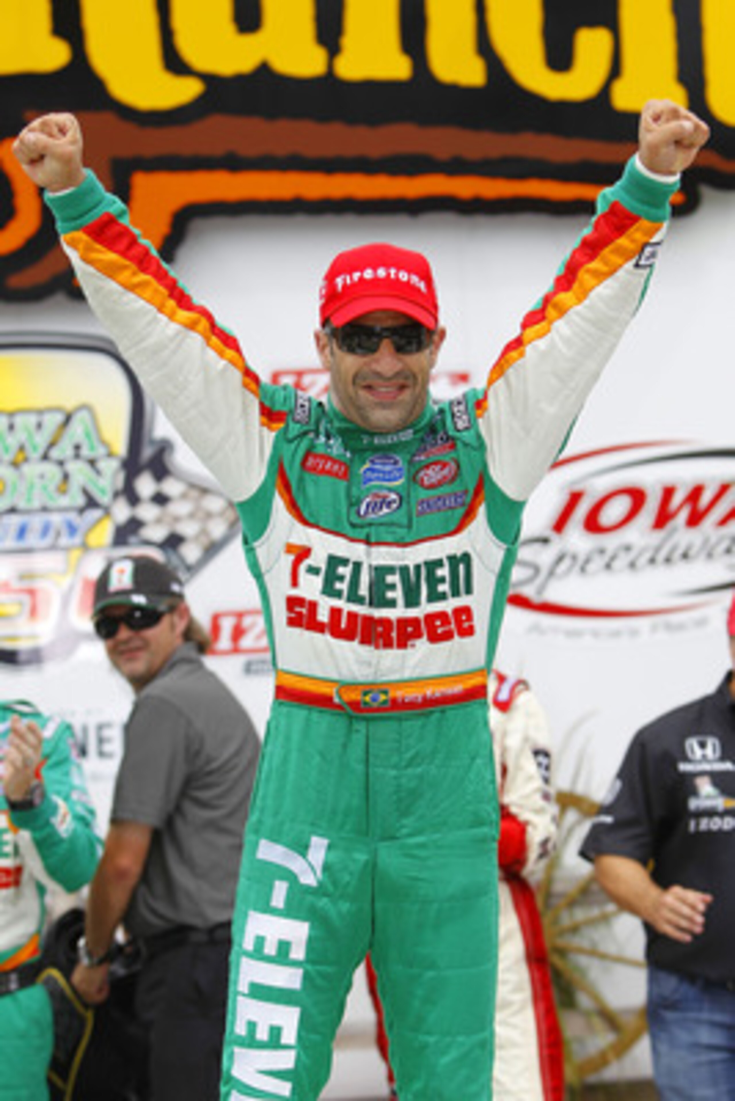 NEWTON, IA - JUNE 20:  Tony Kanaan of Brazil, driver of the #11 7-Eleven Andretti Autosports Dallara Honda, celebrates in victory lane following his win at the IRL Indycar Series Iowa Corn Indy 250 on June 20, 2010 in Newton, Iowa.  (Photo by Chris Trotma