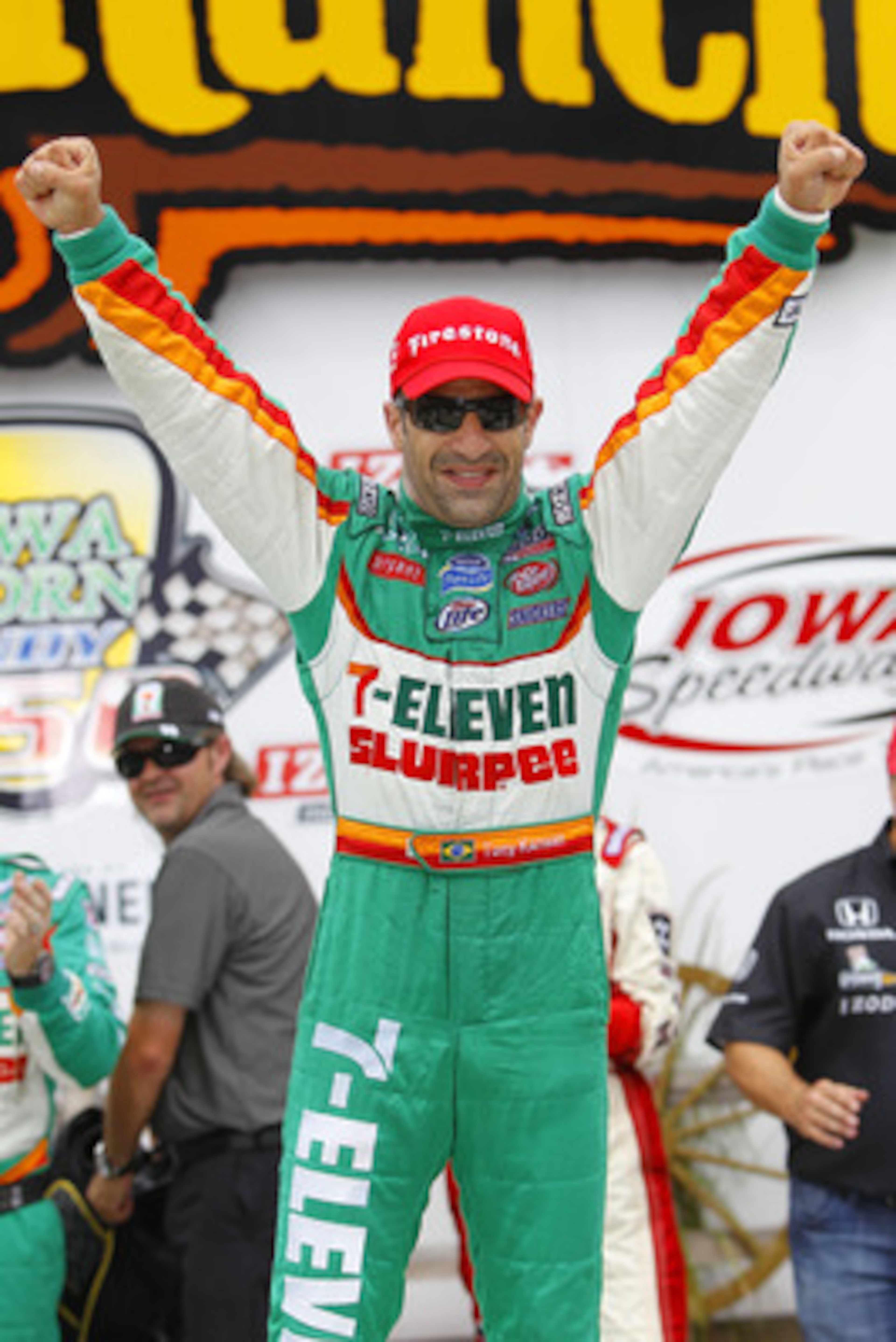 NEWTON, IA - JUNE 20:  Tony Kanaan of Brazil, driver of the #11 7-Eleven Andretti Autosports Dallara Honda, celebrates in victory lane following his win at the IRL Indycar Series Iowa Corn Indy 250 on June 20, 2010 in Newton, Iowa.  (Photo by Chris Trotma