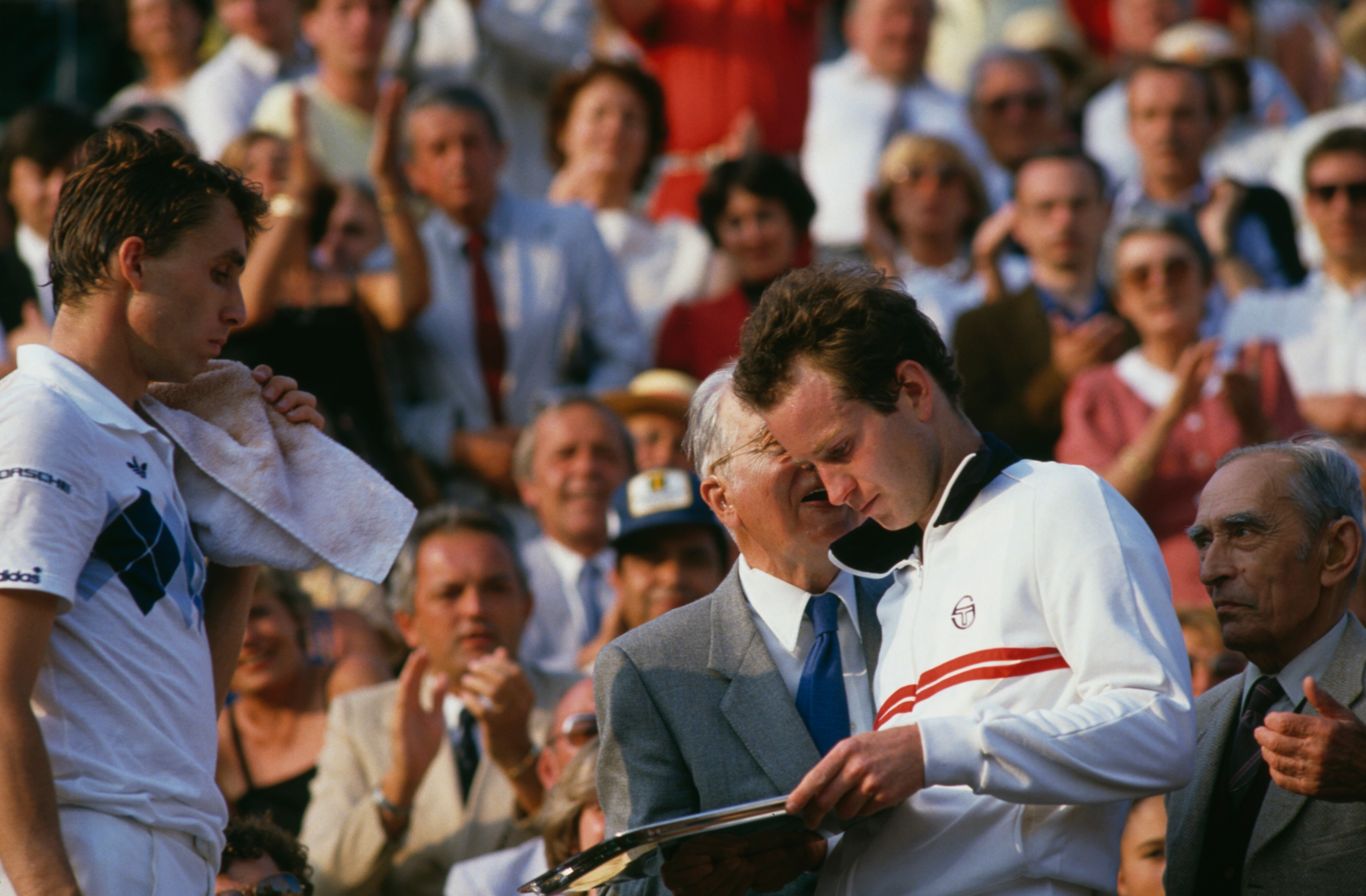 John McEnroe (right) and Ivan Lendl at the men's singles final at the Tournoi de Roland-Garros (French Open), at the Stade Roland Garros, Paris, June 1984. Lendl won the match 3-6, 2-6, 6-4, 7-5, 7-5.
(Photo by Steve Powell/Getty Images)