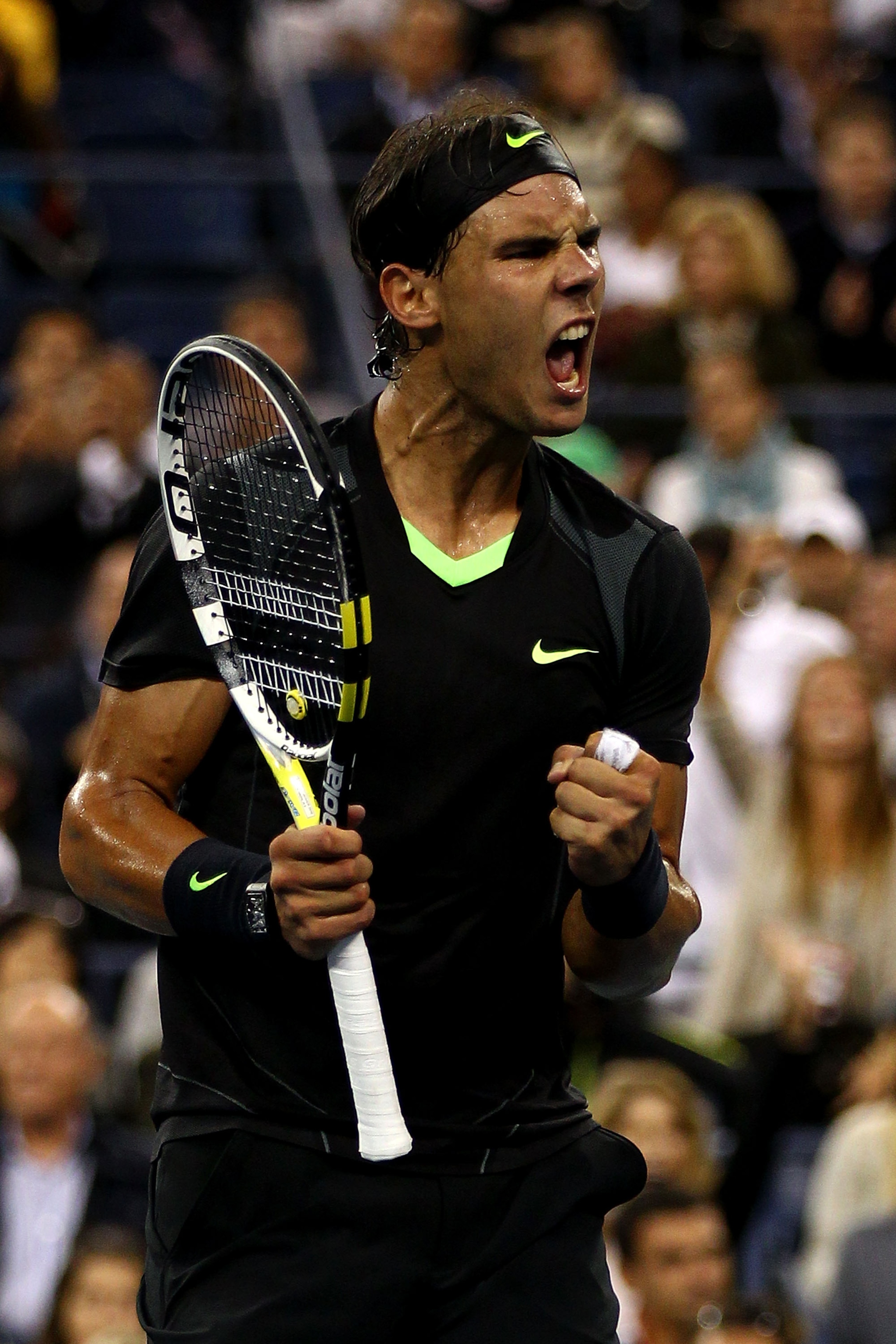 NEW YORK - SEPTEMBER 13:  Rafael Nadal of Spain reacts while playing against Novak Djokovic of Serbia during his men's singles final match on day fifteen of the 2010 U.S. Open at the USTA Billie Jean King National Tennis Center on September 13, 2010 in th