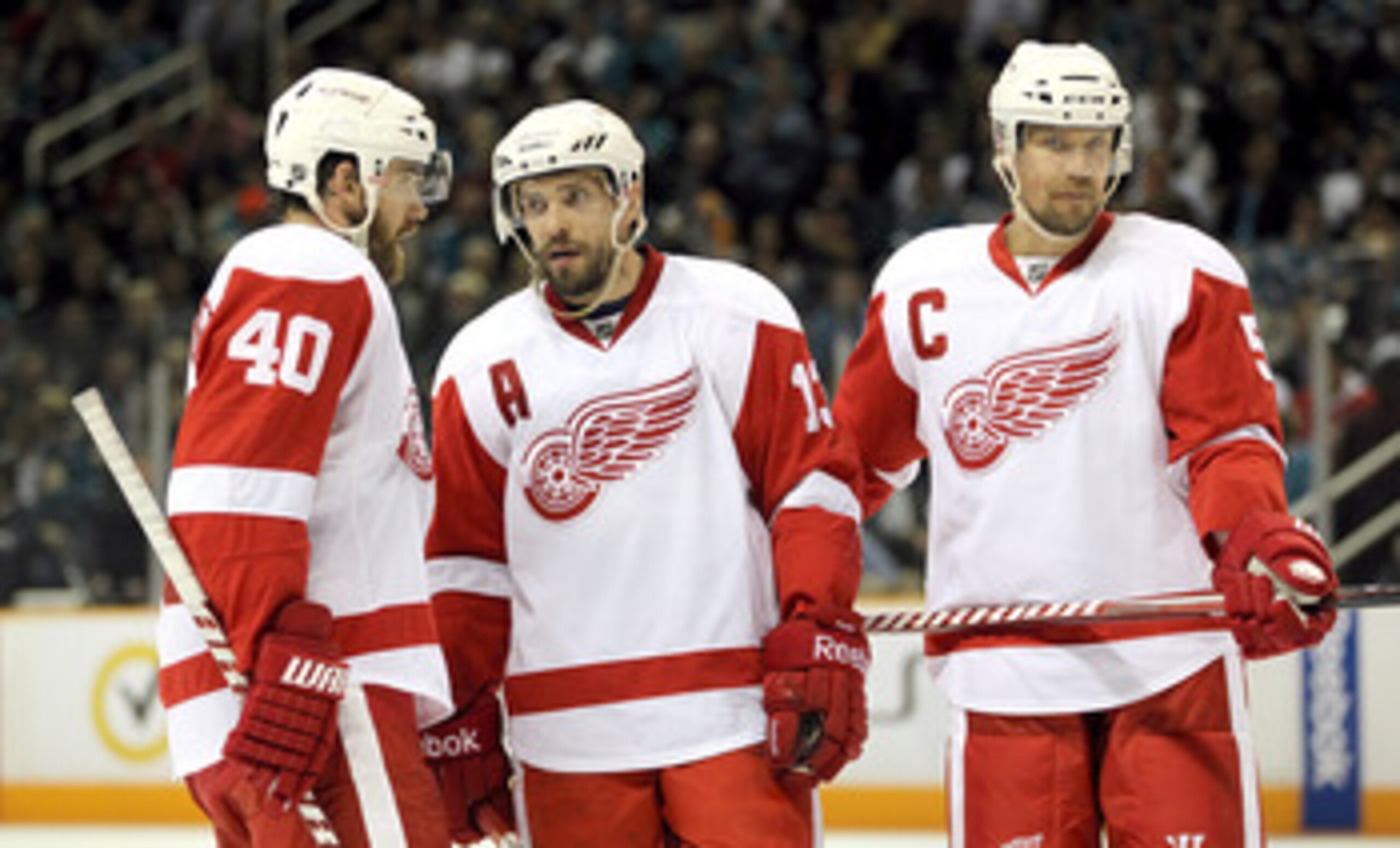 SAN JOSE, CA - MAY 12:  The Detroit Red Wings wait to shake hands with the San Jose Sharks after they lost Game Seven of the Western Conference Semifinals during the 2011 NHL Stanley Cup Playoffs at HP Pavilion on May 12, 2011 in San Jose, California.  (P