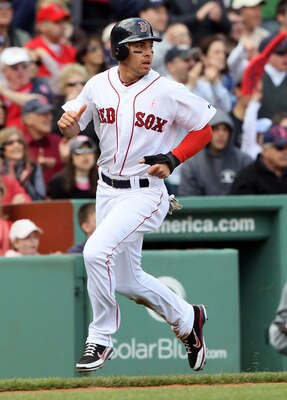 BOSTON, MA - MAY 08:  Jacoby Ellsbury #2 of the Boston Red Sox scores in the third inning against the Minnesota Twins on May 8, 2011 at Fenway Park in Boston, Massachusetts.  (Photo by Elsa/Getty Images)
