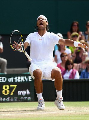 LONDON, ENGLAND - JULY 04:  Rafael Nadal of Spain celebrates Championship Point during his Mens Singles Final match against Tomas Berdych of Czech Republic on Day Thirteen of the Wimbledon Lawn Tennis Championships at the All England Lawn Tennis and Croqu