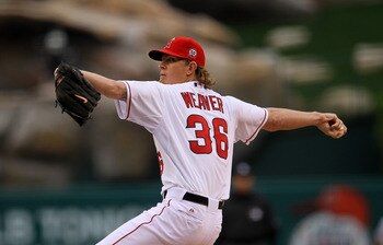 ANAHEIM, CA - MAY 07:  Jered Weaver #36 of the Los Angeles Angels of Anaheim throws a pitch against the Cleveland Indians on May 7, 2011 at Angel Stadium in Anaheim, California.  (Photo by Stephen Dunn/Getty Images)
