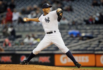 NEW YORK, NY - APRIL 16:  Mariano Rivera #42 of the New York Yankees delivers a ninth-inning pitch against the Texas Rangers on April 16, 2011 at Yankee Stadium in the Bronx borough of New York City. The Yankees defeated the Rangers 5-2.  (Photo by Jim Mc