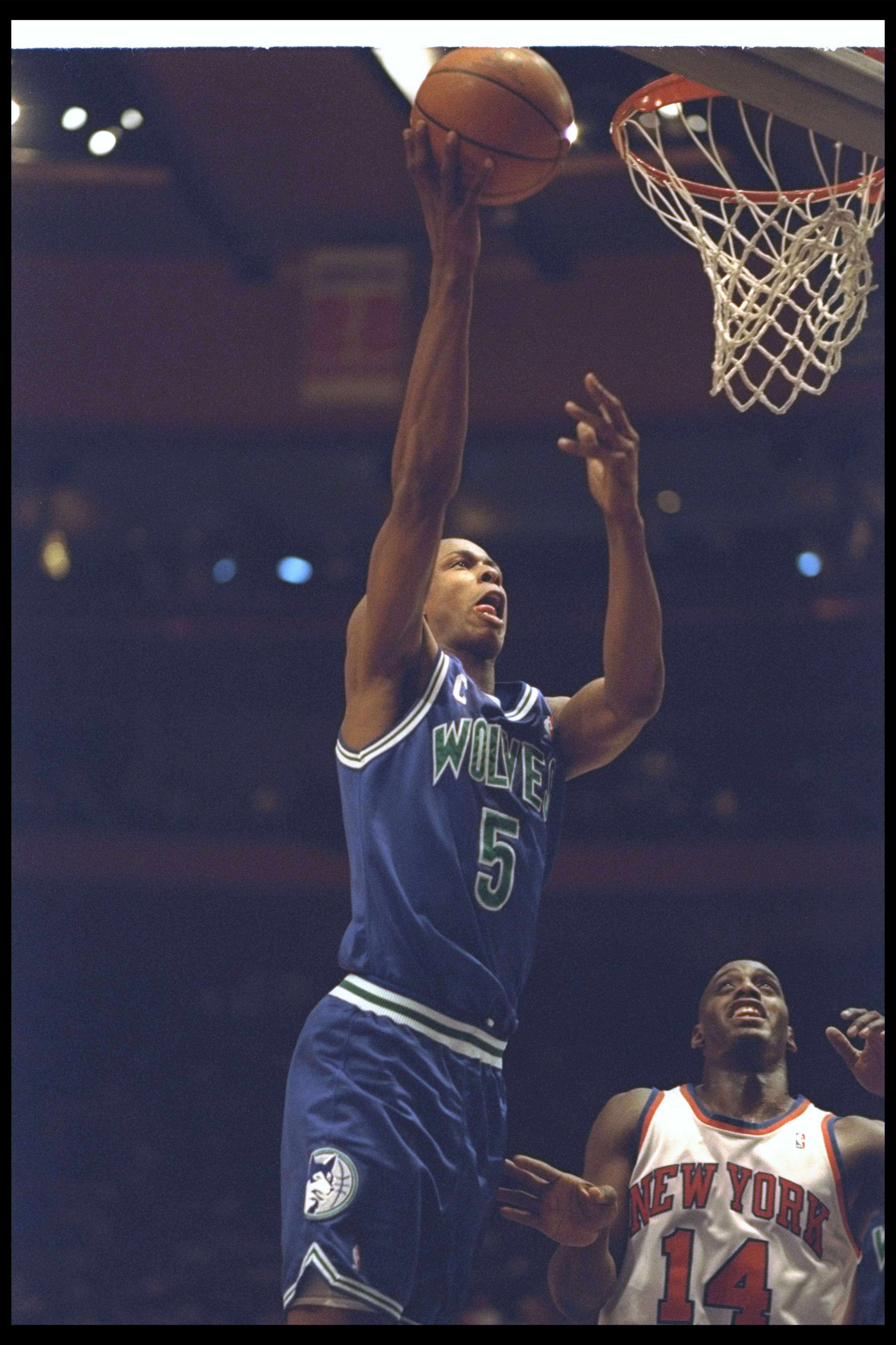 Guard Doug West of the Minnesota Timberwolves goes up for two during a game against the New York Knicks at Madison Square Garden in New York City, New York.