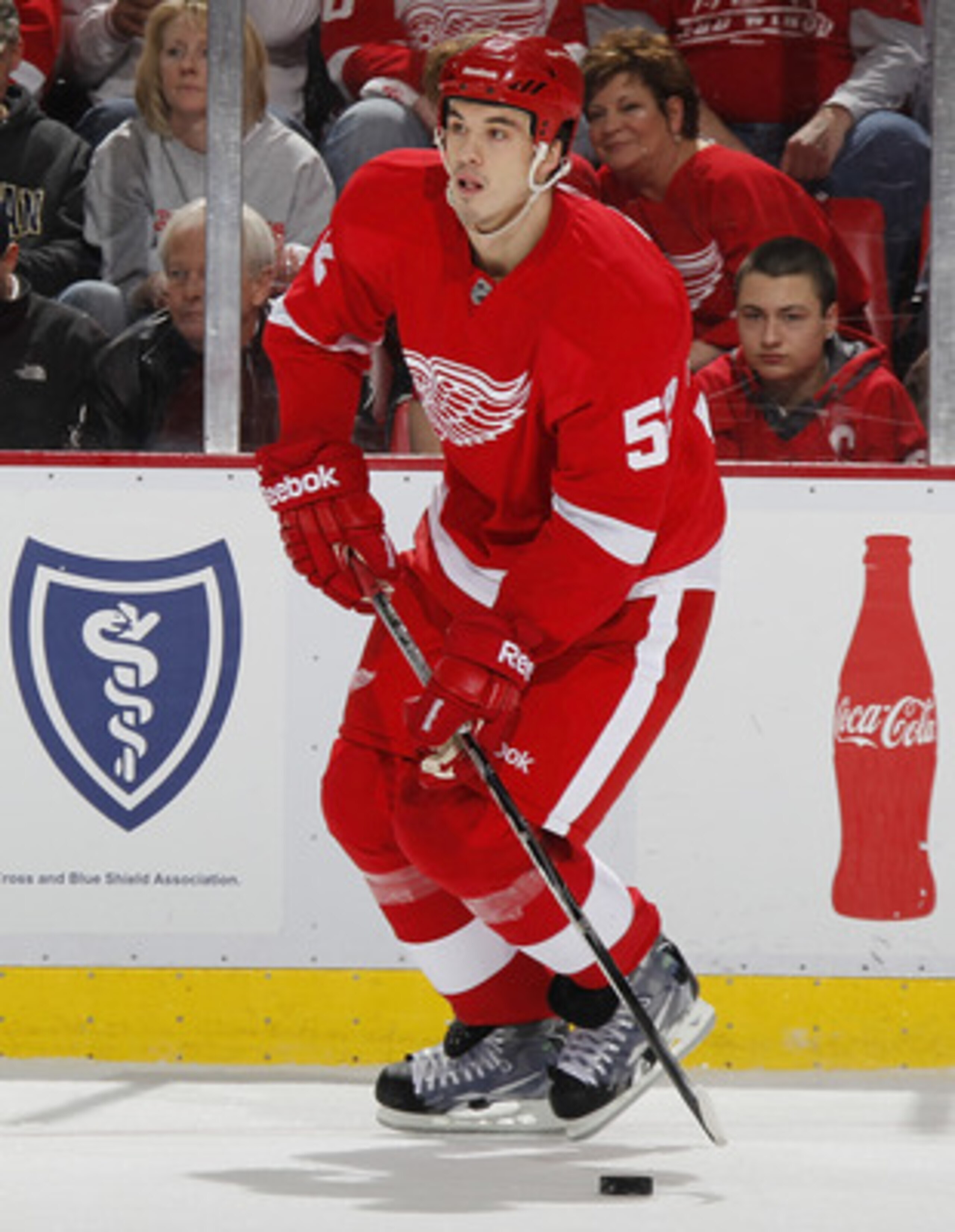 DETROIT, MI - APRIL 16: Jonathan Ericsson #52 of the Detroit Red Wings skates with the puck while playing the Phoenix Coyotes in Game Two of the Western Conference Quarterfinals during the 2011 Stanley Cup Playoffs at Joe Louis Arena on April 16, 2011 in 