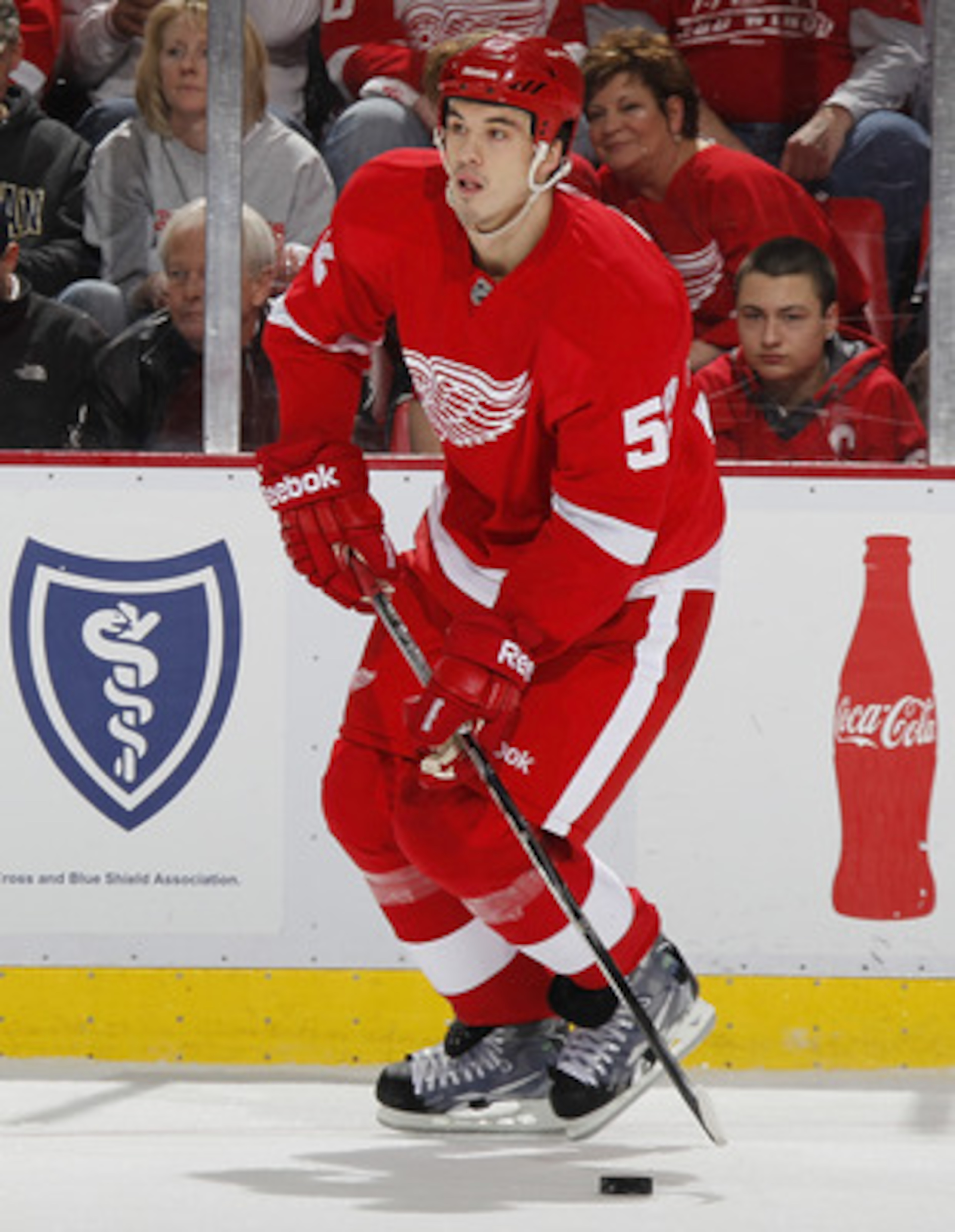DETROIT, MI - APRIL 16: Jonathan Ericsson #52 of the Detroit Red Wings skates with the puck while playing the Phoenix Coyotes in Game Two of the Western Conference Quarterfinals during the 2011 Stanley Cup Playoffs at Joe Louis Arena on April 16, 2011 in 