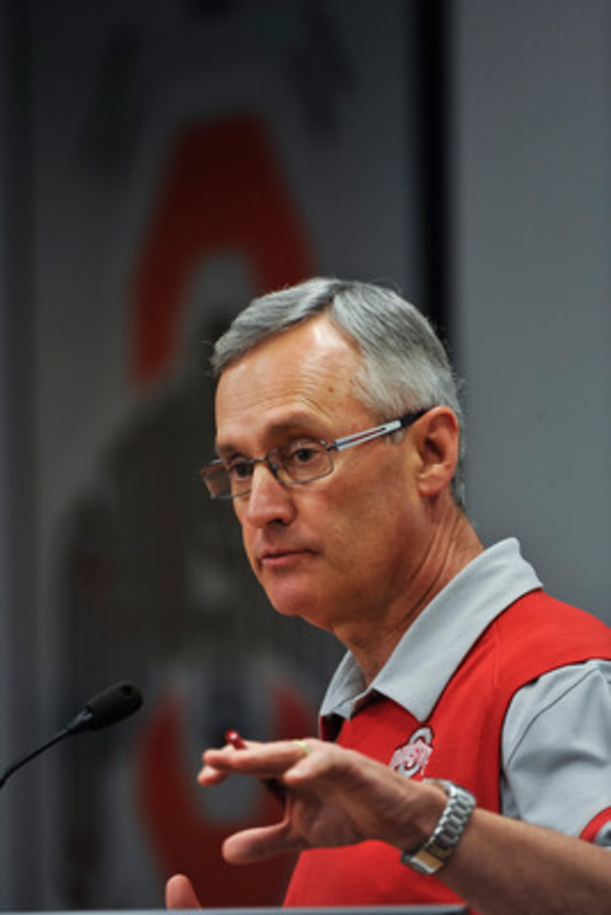 COLUMBUS, OH - MARCH 30:  Head Coach Jim Tressel speaks to the media during a press conference before the start of Spring practices at the Woody Hayes Athletic Center at The Ohio State University on March 30, 2011 in Columbus, Ohio. (Photo by Jamie Sabau/