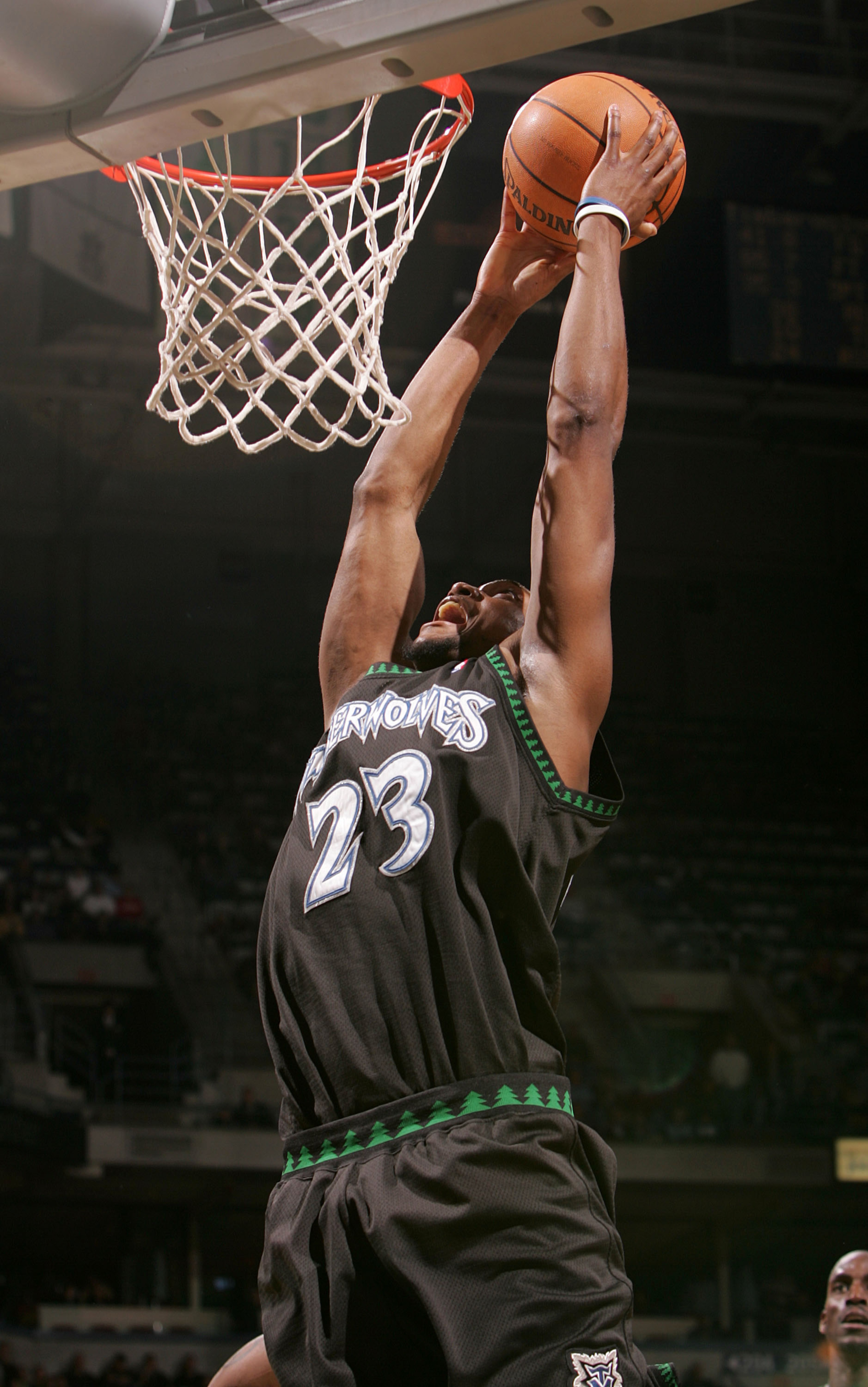 MILWAUKEE, WI - FEBRUARY 1:  Trenton Hassell #23 of the Minnesota Timberwolves slams the ball against the Milwaukee Bucks on February 1, 2005 at Bradley Center in Milwaukee, Wisconsin. The Bucks defeated the Timberwolves 91-86.  NOTE TO USER: User express