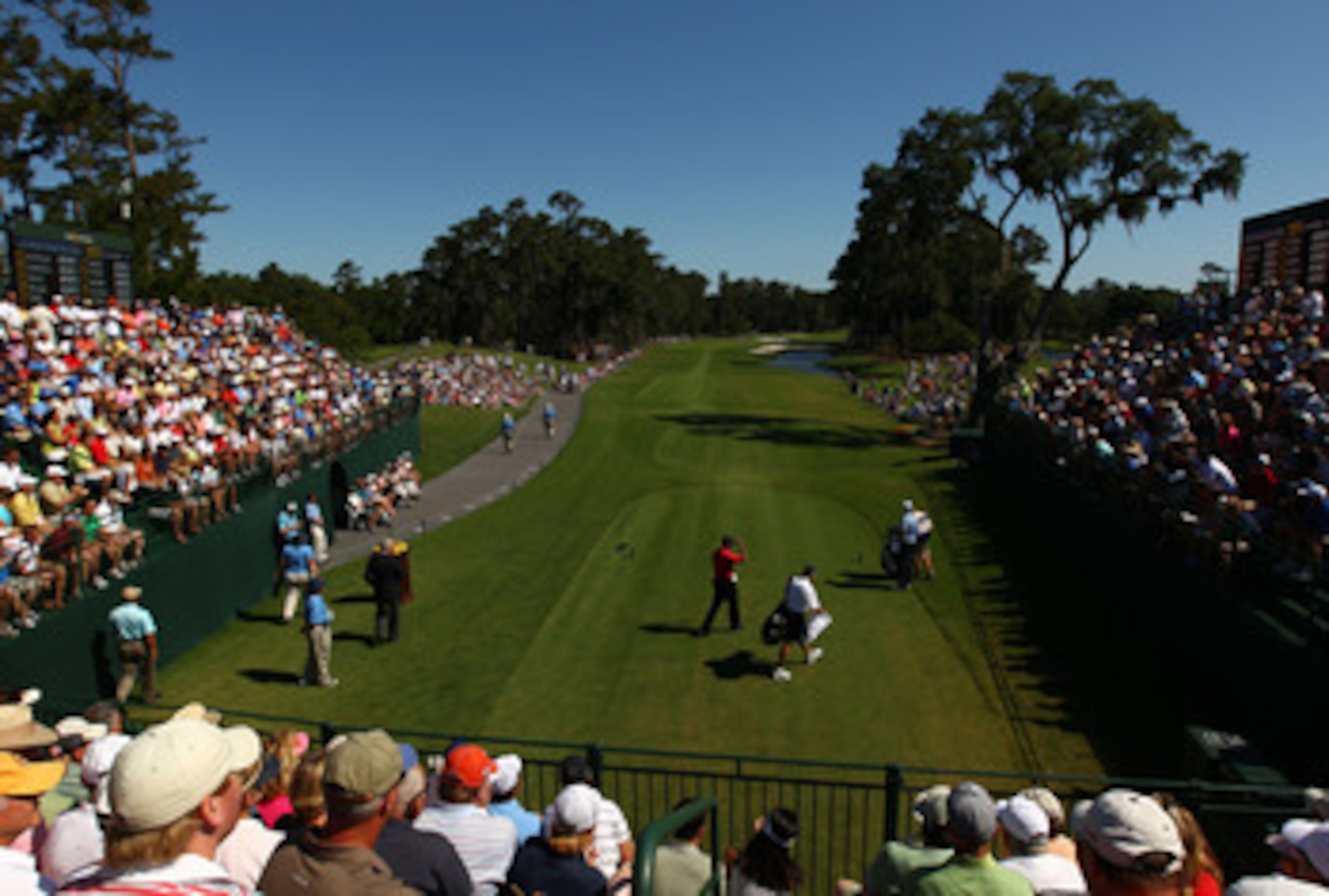 PONTE VEDRA BEACH, FL - MAY 09:  Tiger Woods walks off the first tee during the final round of THE PLAYERS Championship held at THE PLAYERS Stadium course at TPC Sawgrass on May 9, 2010 in Ponte Vedra Beach, Florida.  (Photo by Richard Heathcote/Getty Ima