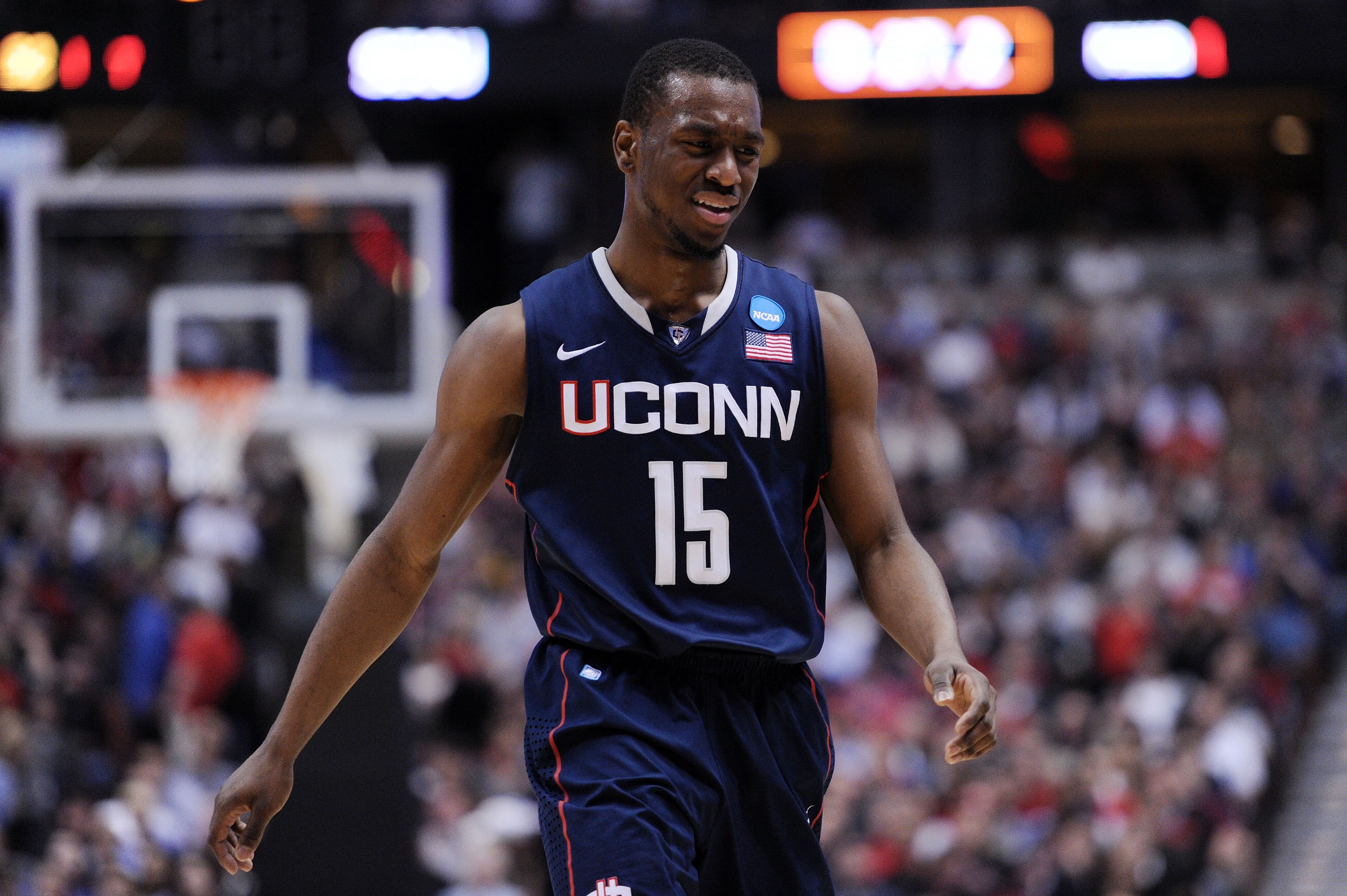 ANAHEIM, CA - MARCH 24:  Kemba Walker #15 of the Connecticut Huskies reacts against the San Diego State Aztecs during the west regional semifinal of the 2011 NCAA men's basketball tournament at the Honda Center on March 24, 2011 in Anaheim, California.  (