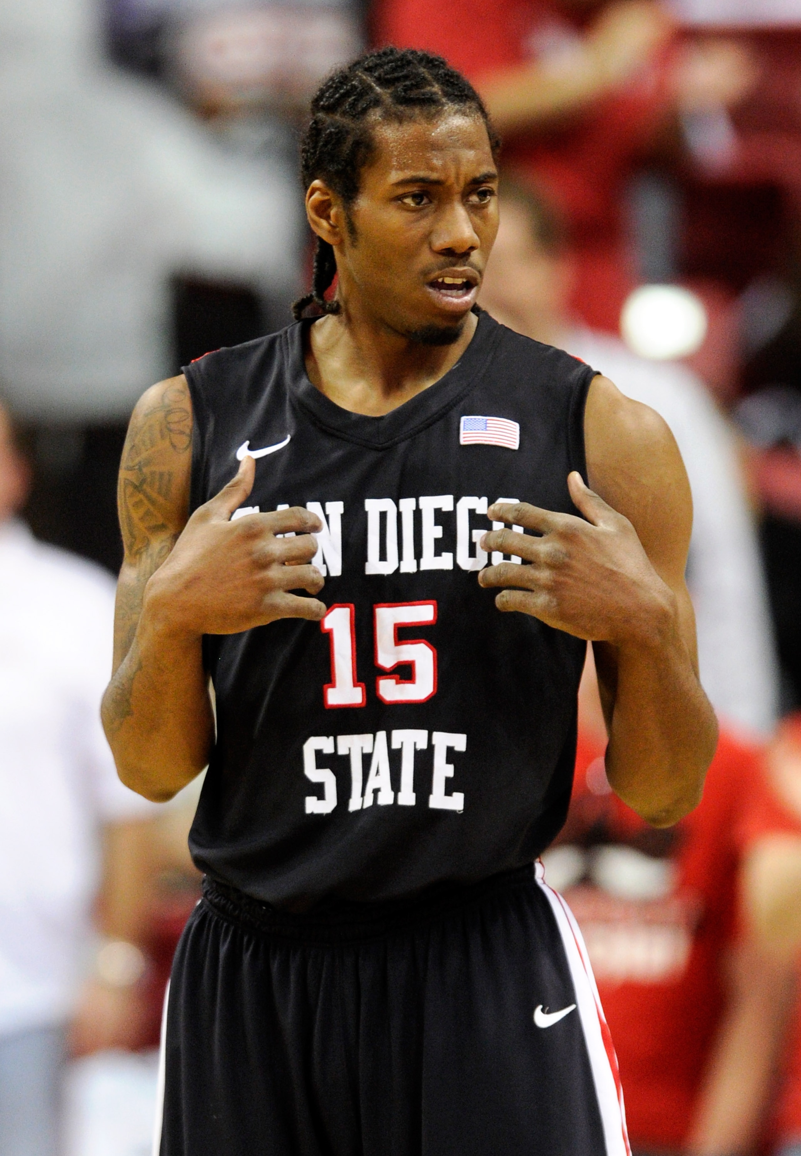LAS VEGAS, NV - FEBRUARY 12:  Kawhi Leonard #15 of the San Diego State Aztecs reacts after mistakenly being called for a foul during a game against the UNLV Rebels at the Thomas & Mack Center February 12, 2011 in Las Vegas, Nevada. San Diego State won 63-