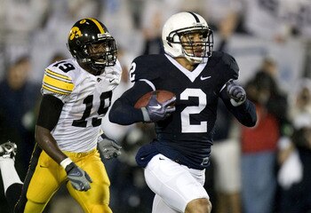 STATE COLLEGE, PA - SEPTEMBER 26:  Chaz Powell #2 of the Penn State Nittnay Lions runs for a first quarter touchdown past Amari Spievey #19 of the Iowa Hawkeye's on September 26, 2009 at Beaver Stadium in State College, Pennsylvania. (Photo by Gregory Sha