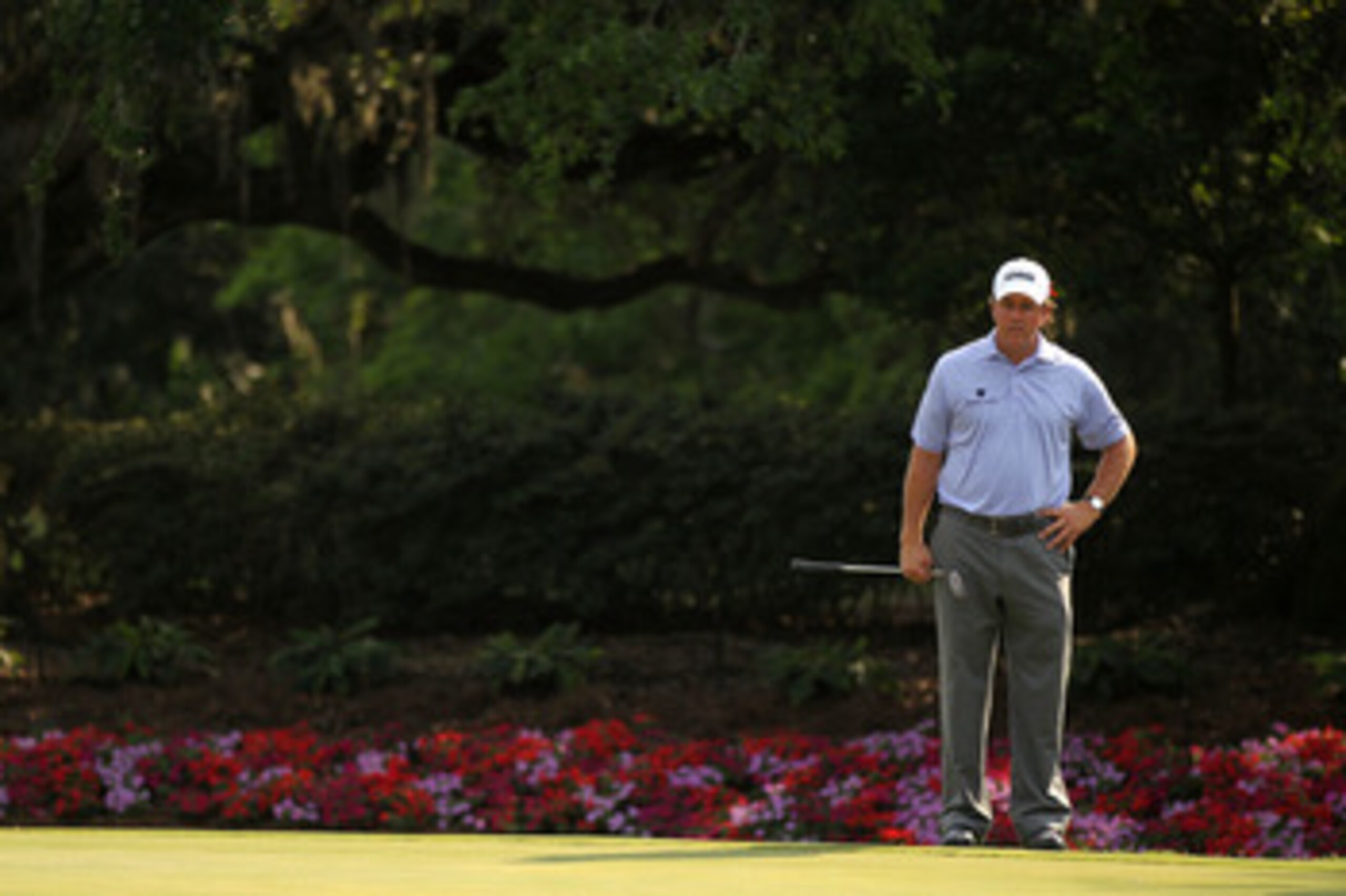 PONTE VEDRA BEACH, FL - MAY 13:  Phil Mickelson looks on from the 14th green during the second round of THE PLAYERS Championship held at THE PLAYERS Stadium course at TPC Sawgrass on May 13, 2011 in Ponte Vedra Beach, Florida.  (Photo by Mike Ehrmann/Gett
