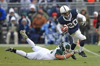 STATE COLLEGE, PA - NOVEMBER 27: Wide receiver Devon Smith #20 of the Penn State Nittany Lions runs with the ball during a game against the Michigan State Spartans on November 27, 2010 at Beaver Stadium in State College, Pennsylvania. The Spartans won 28-