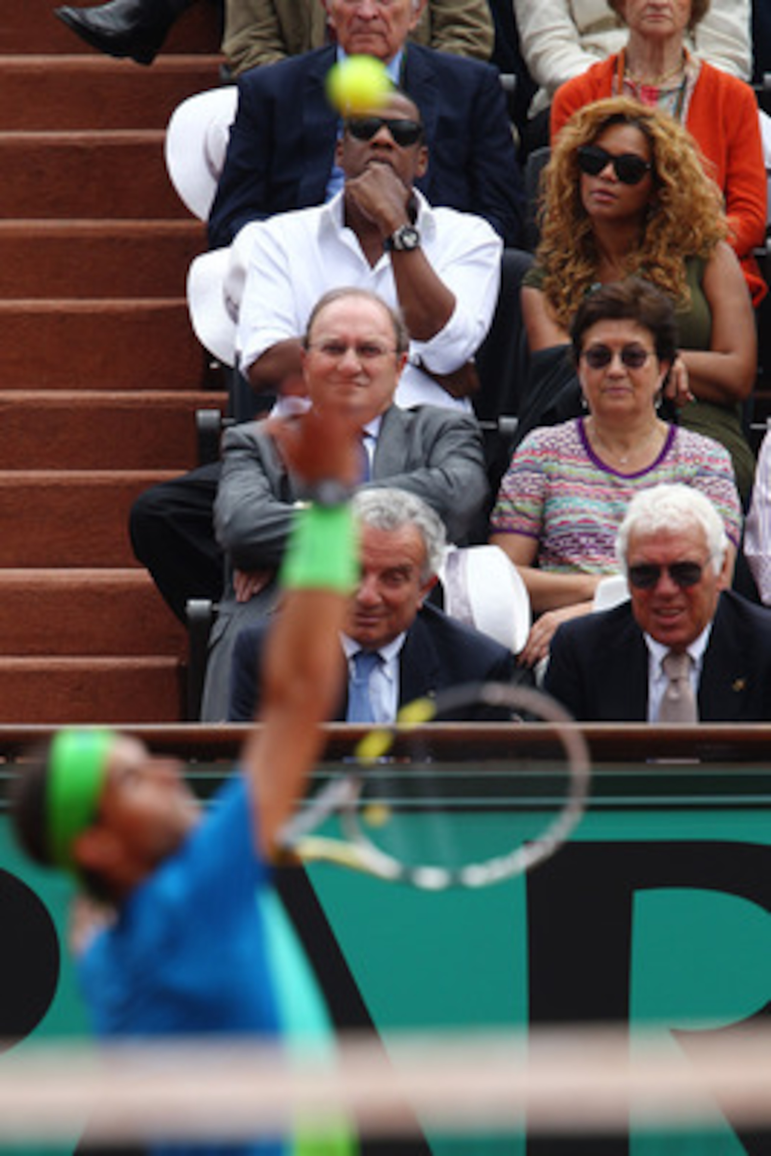 PARIS - JUNE 06:  Recording artists Jay-Z and Beyonce attend the men's singles final match between Rafael Nadal of Spain and Robin Soderling of Sweden on day fifteen of the French Open at Roland Garros on June 6, 2010 in Paris, France.  (Photo by Julian F