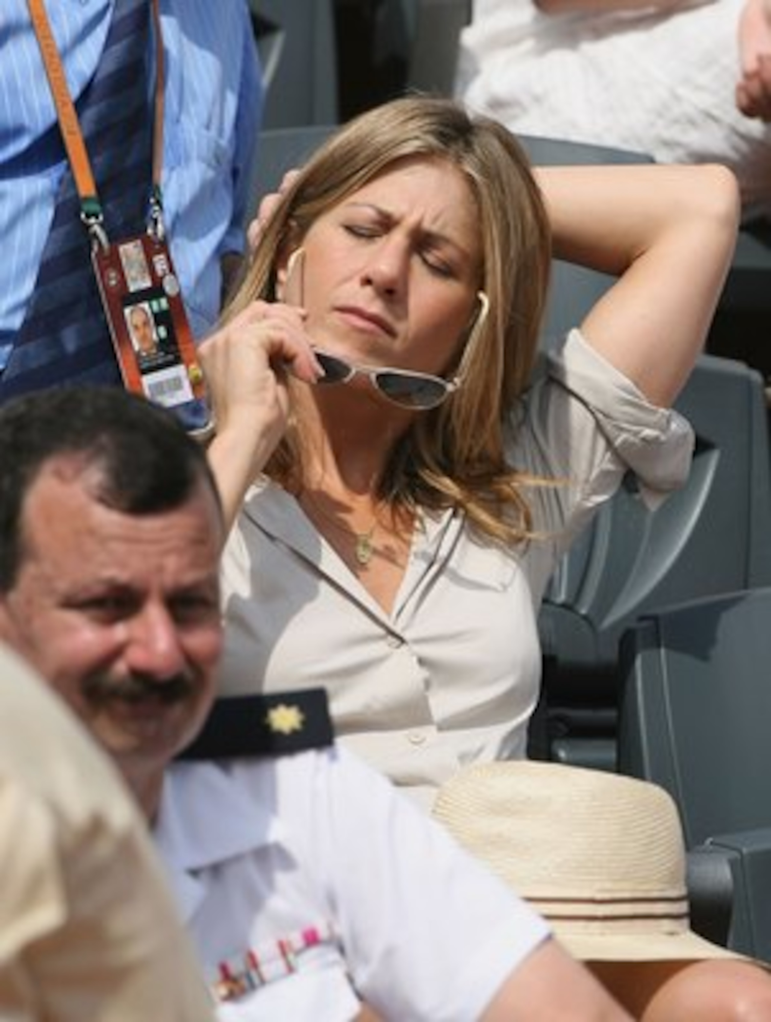 PARIS - JUNE 11:  Actress Jennifer Aniston attends the men's singles final between Roger Federer of Switzerland and Rafael Nadal of Spain during the French Open at Roland Garros on June 11, 2006 in Paris, France.  (Photo by Clive Brunskill/Getty Images)