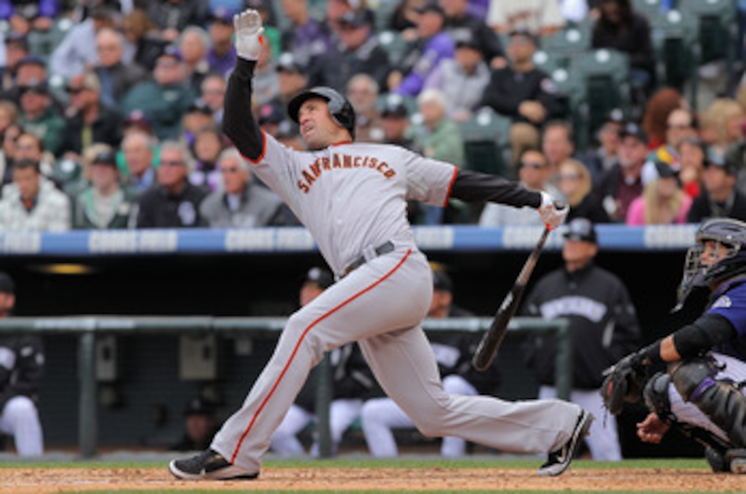 DENVER, CO - APRIL 20:  Pat Burrell #5 of the San Francisco Giants takes an at bat against the Colorado Rockies at Coors Field on April 20, 2011 in Denver, Colorado.  (Photo by Doug Pensinger/Getty Images)