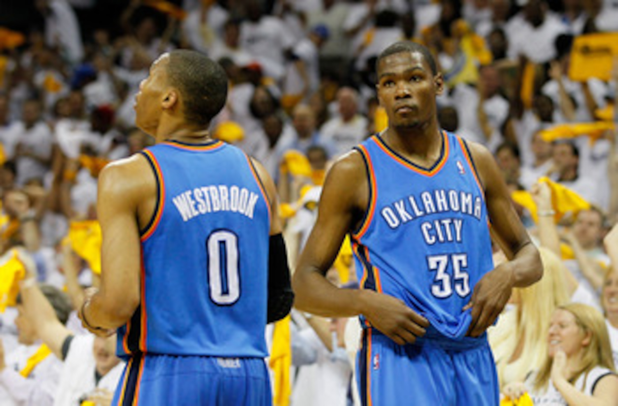 MEMPHIS, TN - MAY 13:  Russell Westbrook #0 and Kevin Durant #35 of the Oklahoma City Thunder react after their 95-83 loss to the Memphis Grizzlies in Game Six of the Western Conference Semifinals in the 2011 NBA Playoffs at FedExForum on May 13, 2011 in 