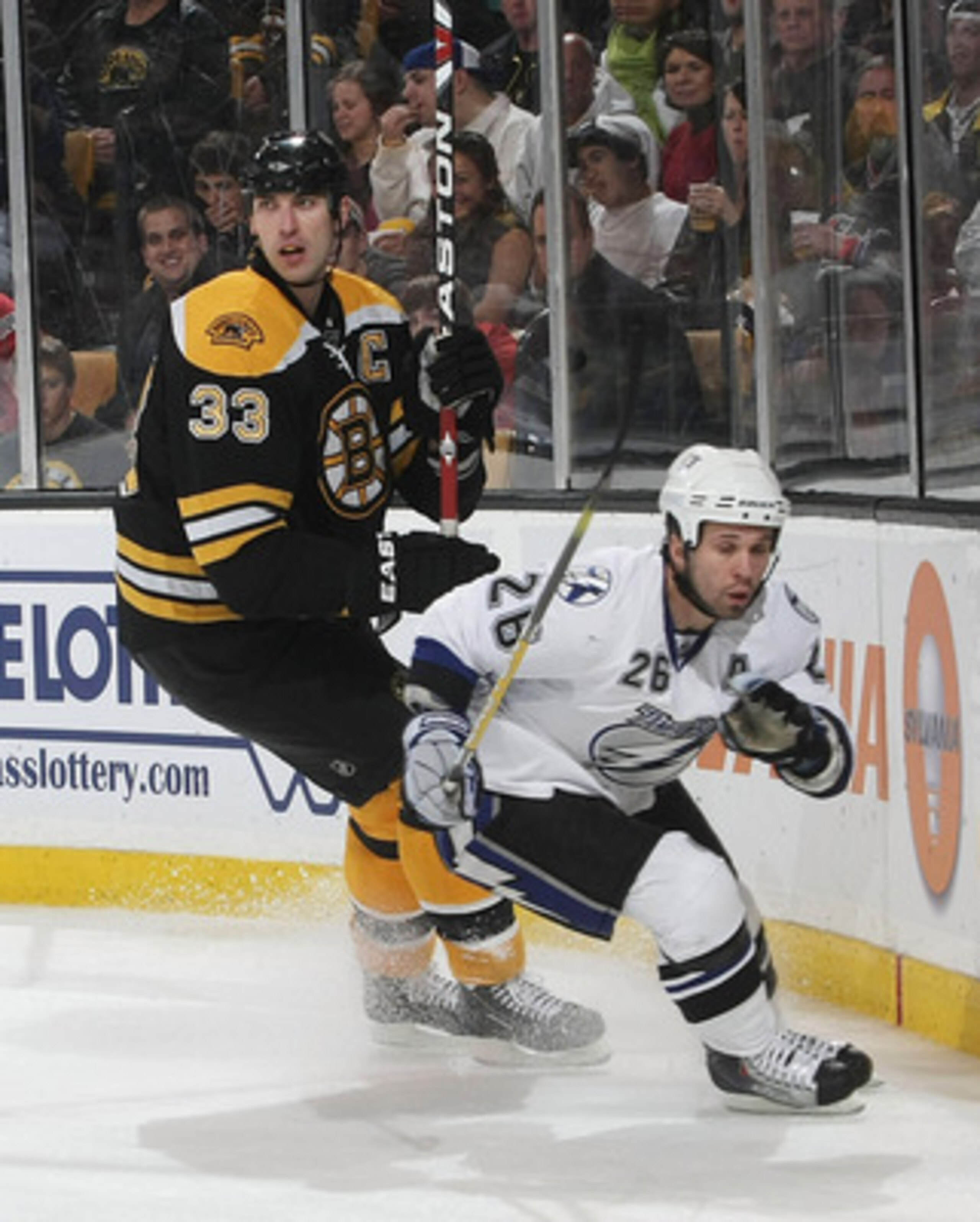 BOSTON - DECEMBER 02:  Zdeno Chara #33 of the Boston Bruins skates against Martin St. Louis #26 of the Tampa Bay Lightning at the TD Garden on December 2, 2009 in Boston, Massachusetts. The Bruins defeated the Lightning 4-1.  (Photo by Bruce Bennett/Getty
