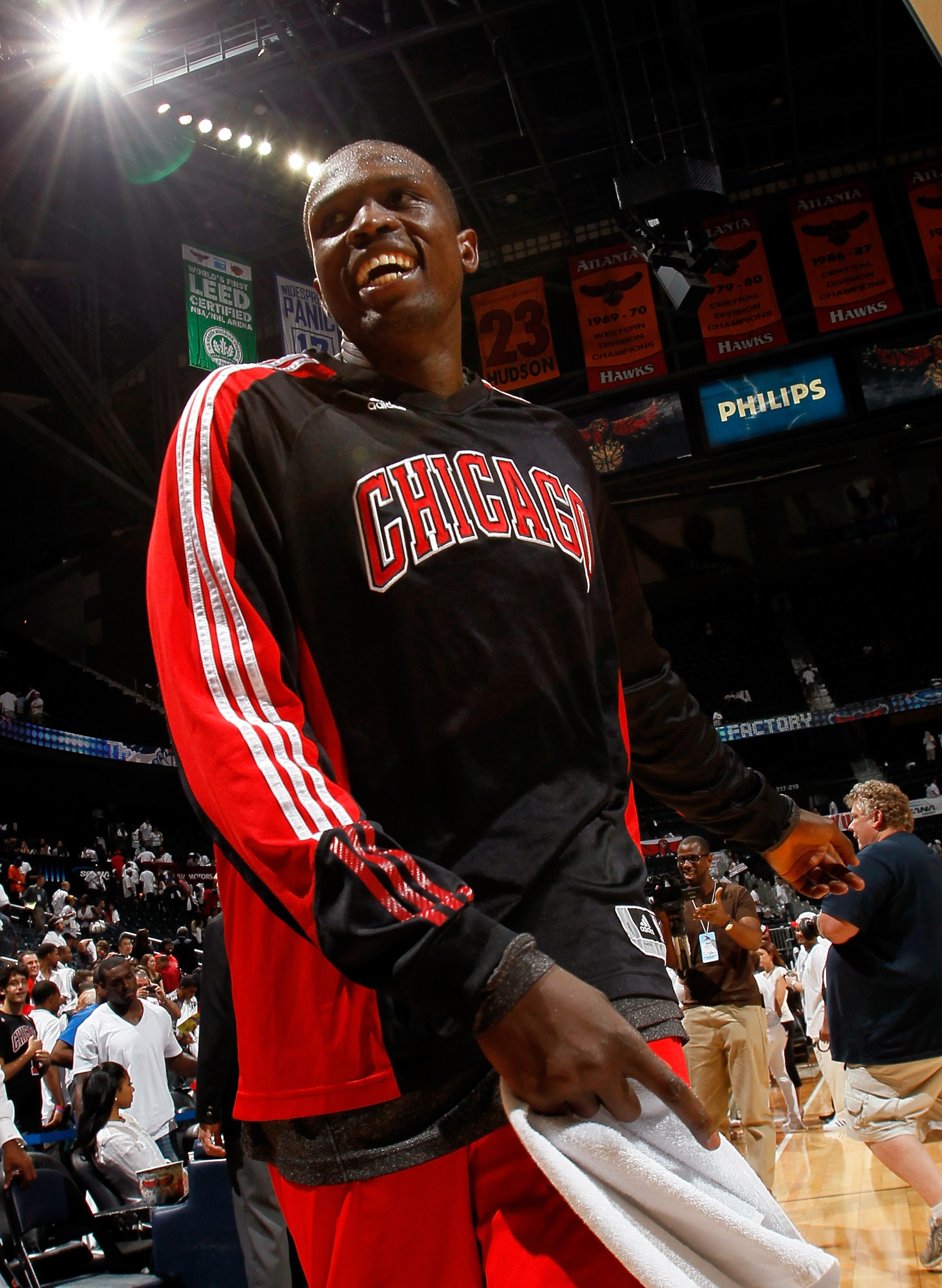 ATLANTA, GA - MAY 12:  Luol Deng #9 of the Chicago Bulls reacts after their 93-73 win over the Atlanta Hawks in Game Six of the Eastern Conference Semifinals in the 2011 NBA Playoffs at Phillips Arena on May 12, 2011 in Atlanta, Georgia.  NOTE TO USER: Us