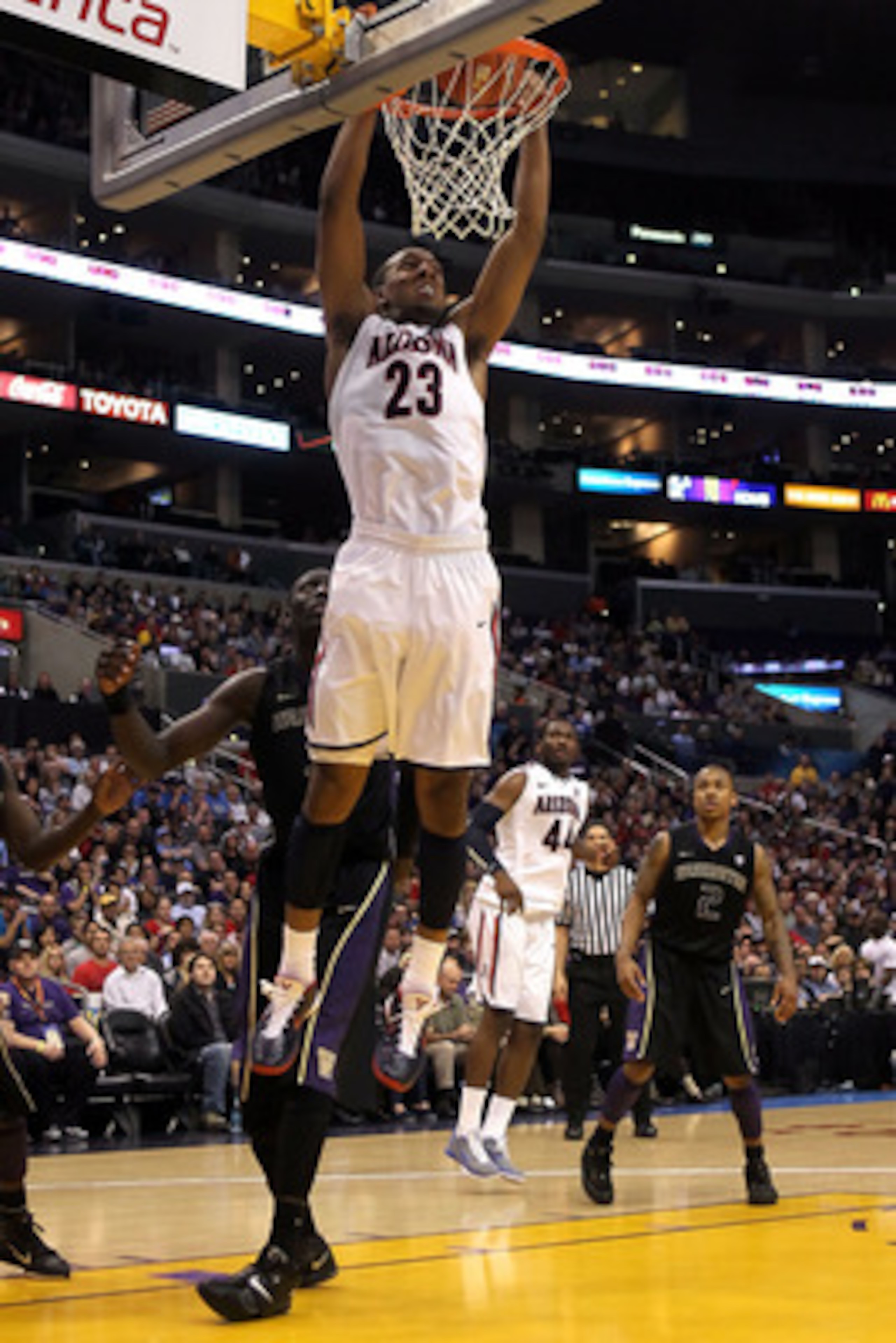 LOS ANGELES, CA - MARCH 12:  Derrick Williams #23 of the Arizona Wildcats dunks the ball in the second half while taking on the Washington Huskies in the championship game of the 2011 Pacific Life Pac-10 Men's Basketball Tournament at Staples Center on Ma
