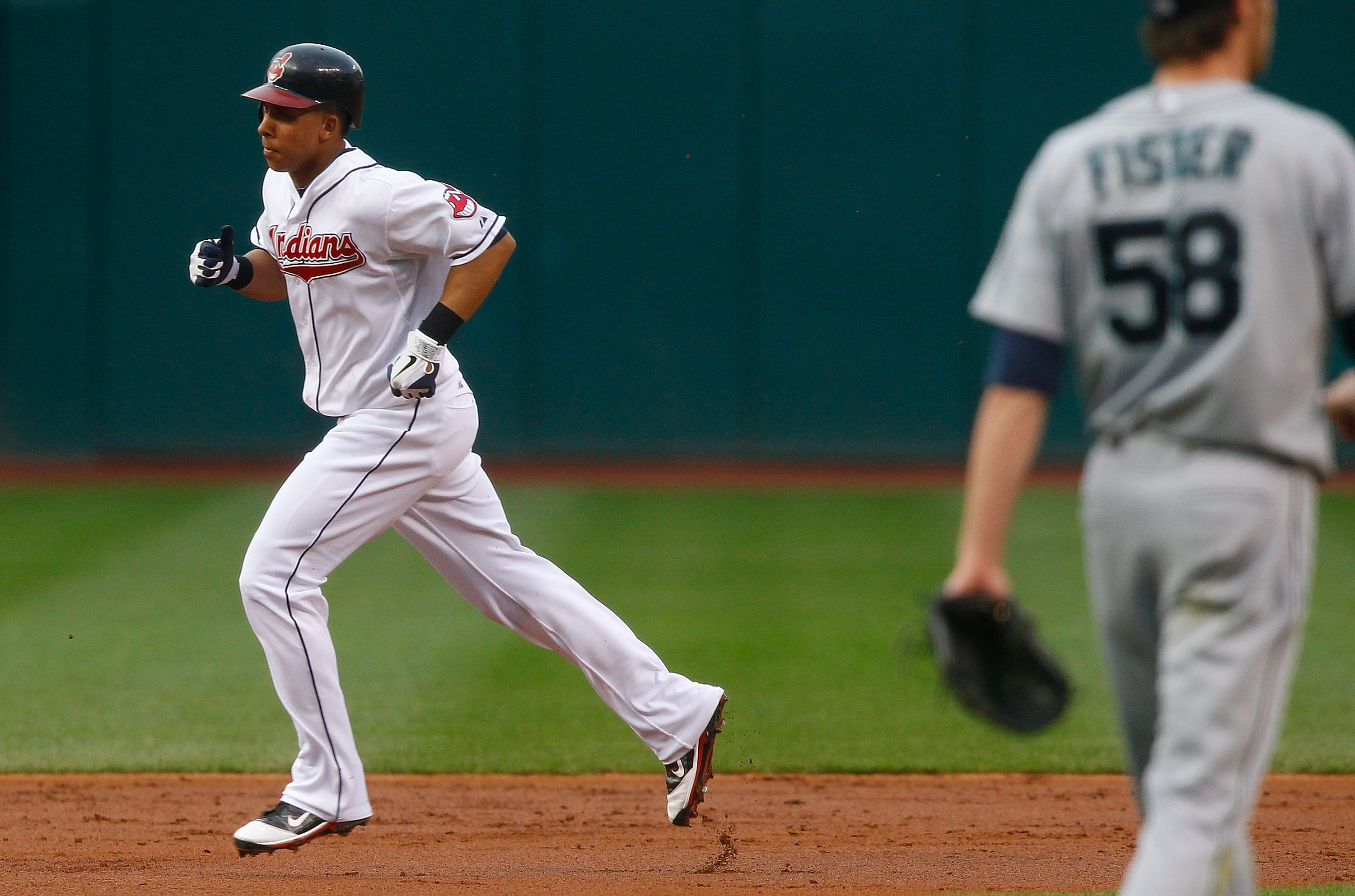 CLEVELAND - MAY 13:  Michael Brantley #23 of the Cleveland Indians trots past second base after hitting a solo home run off of Doug Fister #58 of the Seattle Mariners during the game on May 13, 2011 at Progressive Field in Cleveland, Ohio.  (Photo by Jare
