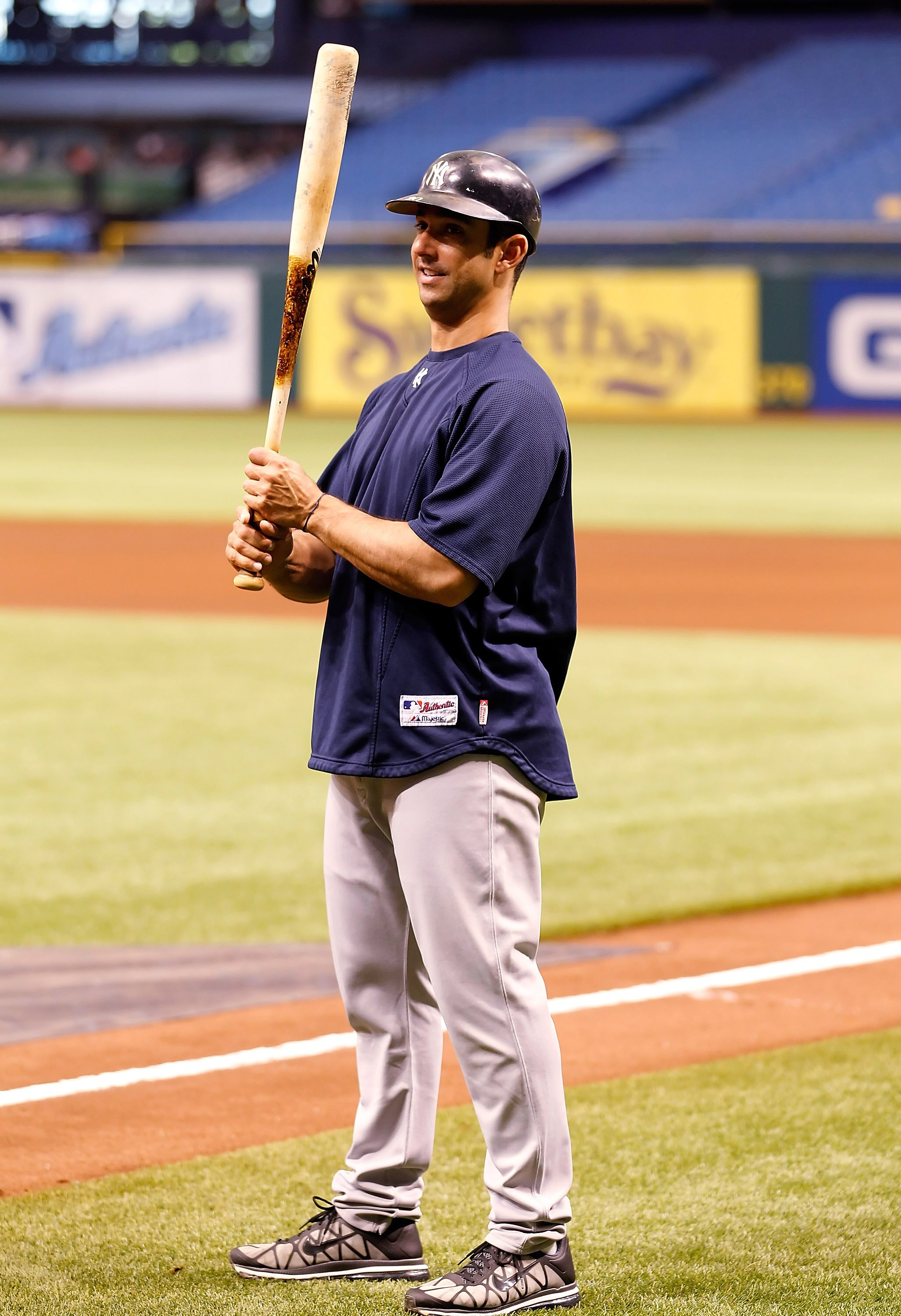 ST. PETERSBURG, FL - MAY 16:  Catcher Jorge Posada #20 of the New York Yankees prepares for batting practice just prior to the start of the game against the Tampa Bay Rays at Tropicana Field on May 16, 2011 in St. Petersburg, Florida.  (Photo by J. Meric/