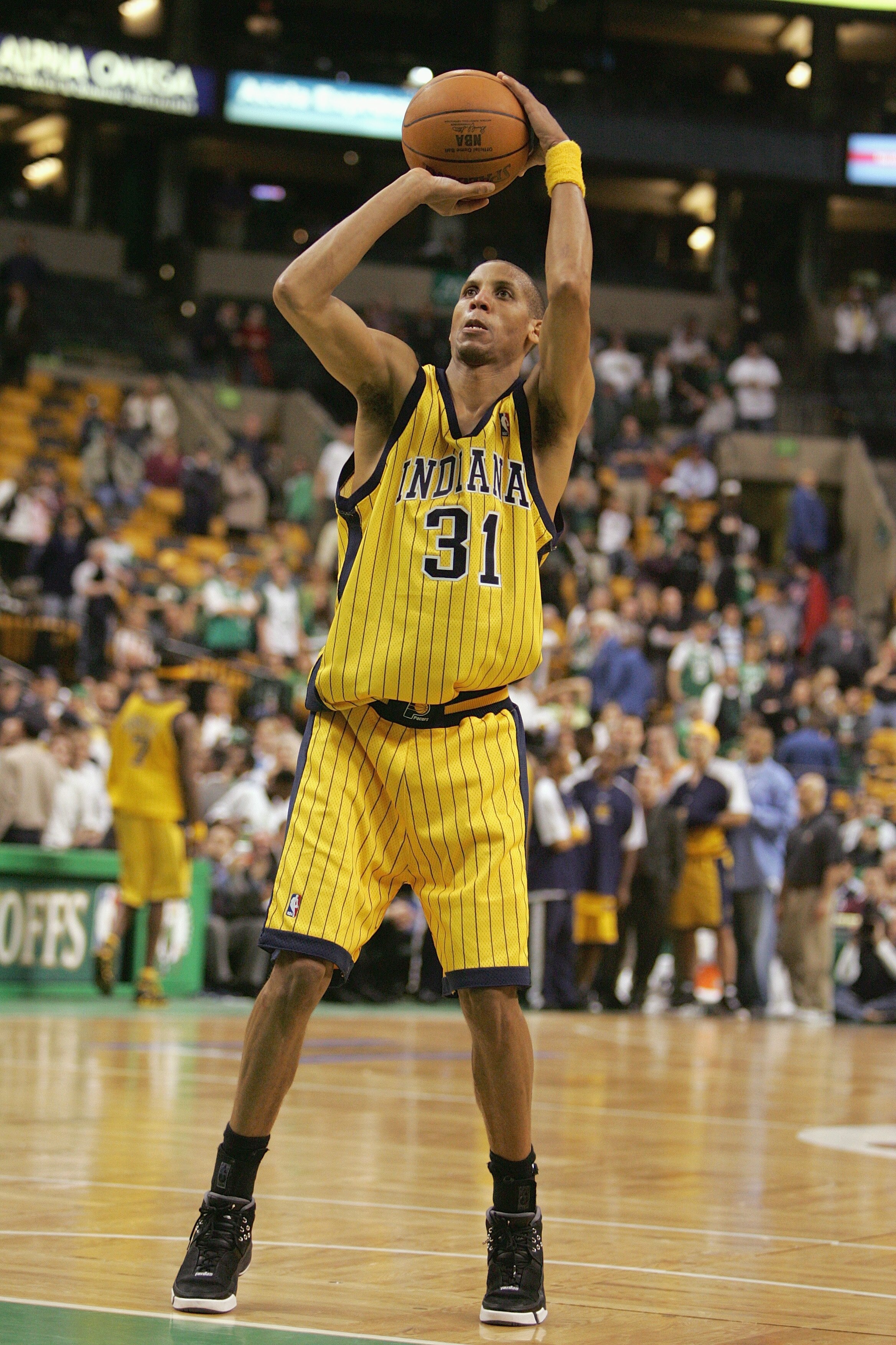 BOSTON - MAY 3:  Reggie Miller #31 of the Indiana Pacers shoots a free throw against the Boston Celtics in Game five of the Eastern Conference Quarterfinals during the 2005 NBA Playoffs at the FleetCenter on May 3, 2005 in Boston, Massachusetts.The Pacers