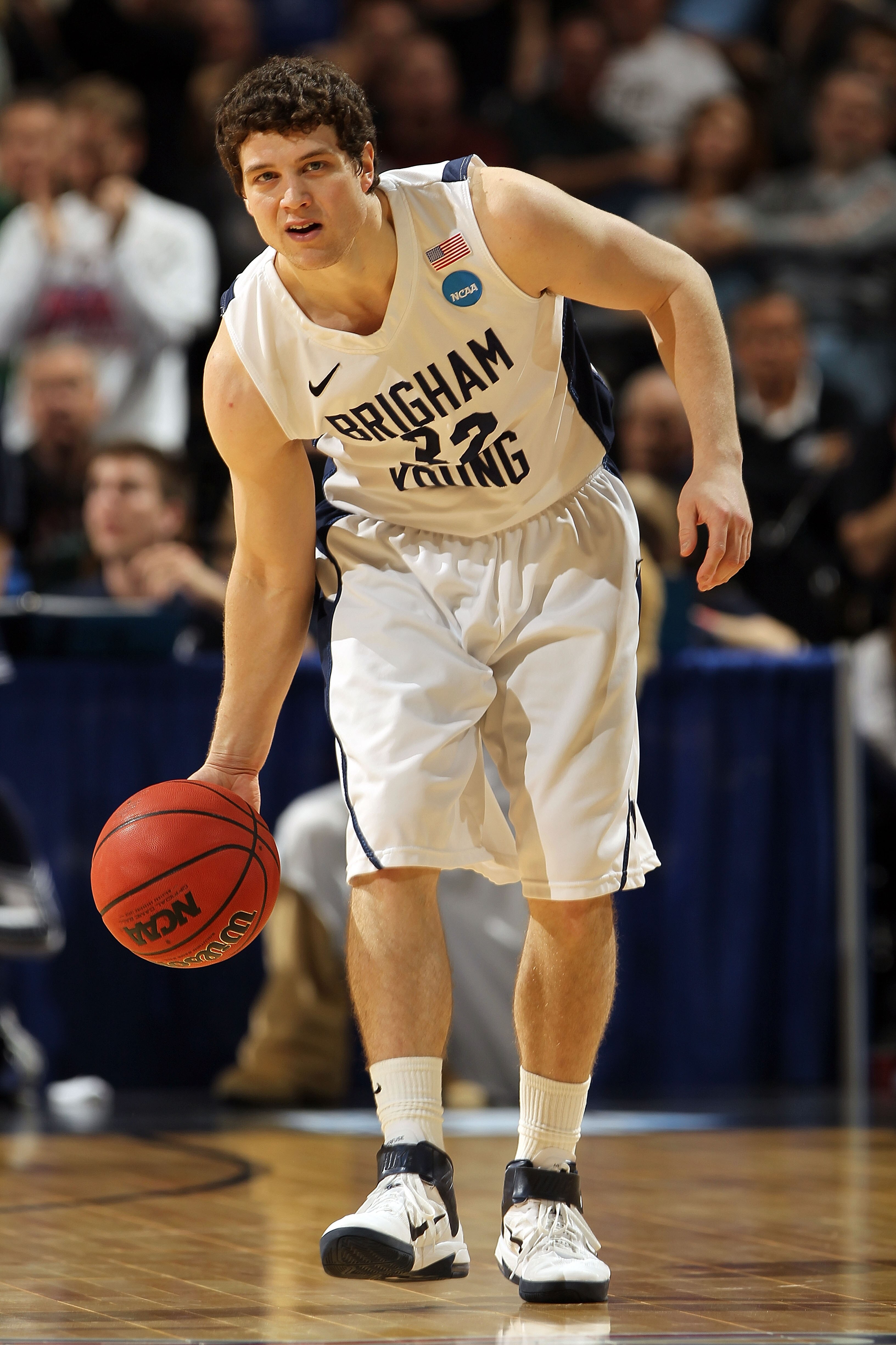 DENVER, CO - MARCH 19:  Jimmer Fredette #32 of the Brigham Young Cougars handles the ball against the Gonzaga Bulldogs during the third round of the 2011 NCAA men's basketball tournament at Pepsi Center on March 19, 2011 in Denver, Colorado.  (Photo by Do