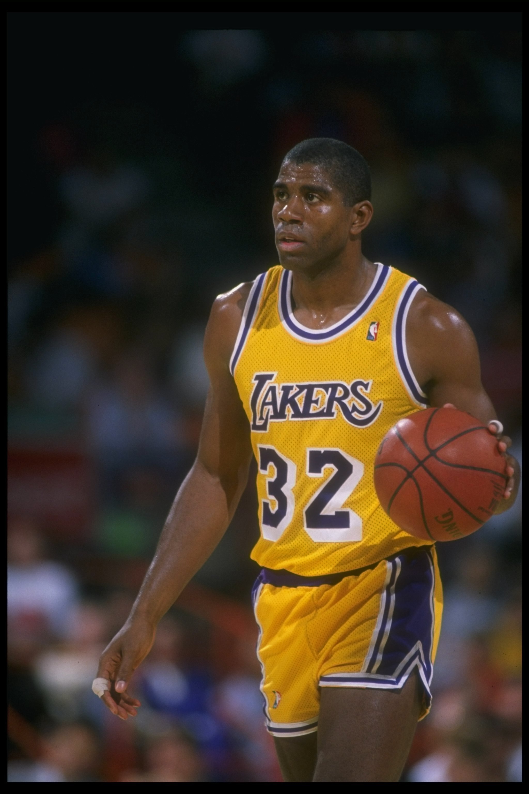 Guard Earvin (Magic) Johnson of the Los Angeles Lakers looks on during a game.