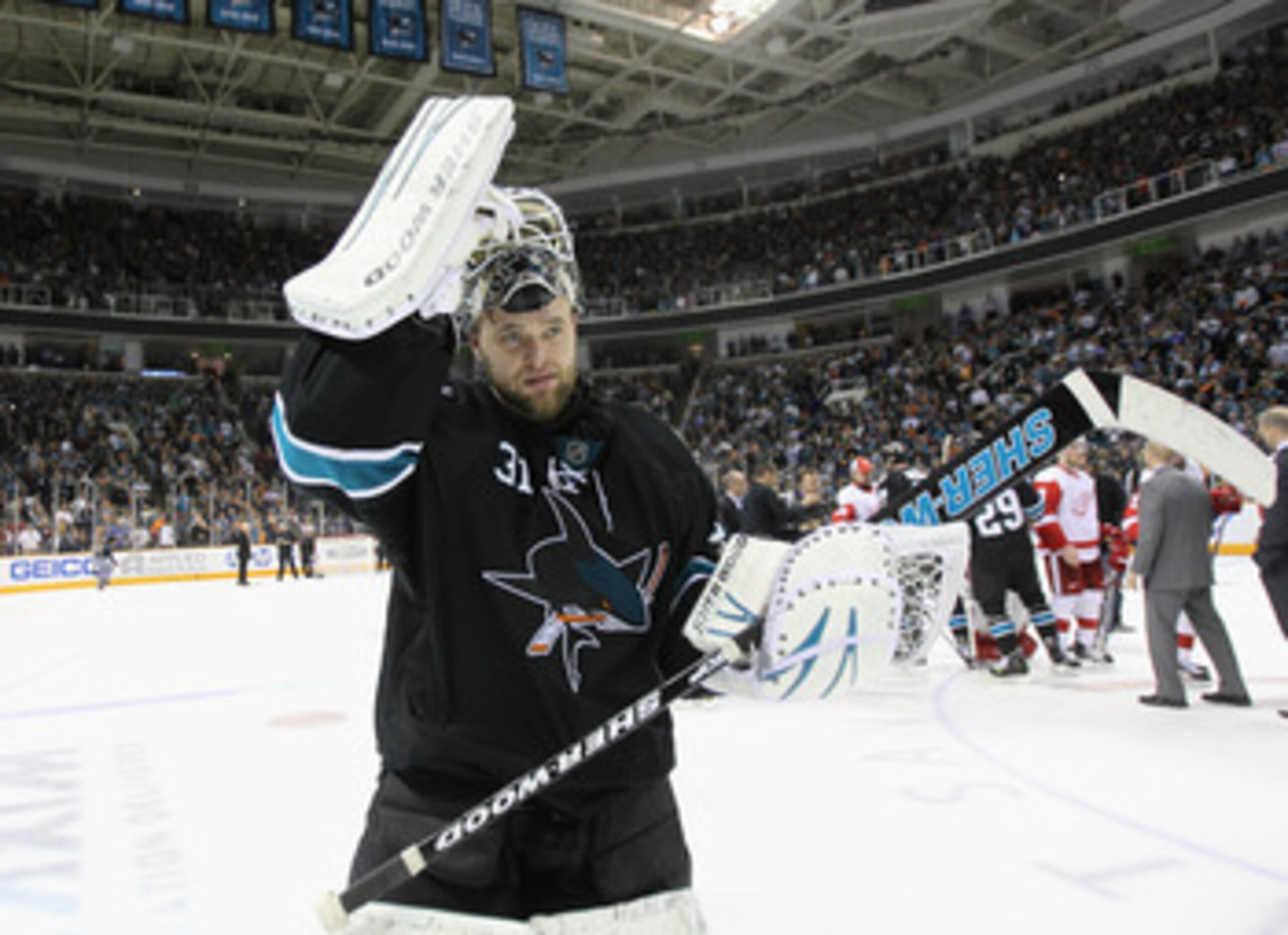 SAN JOSE, CA - MAY 12:  Antti Niemi #31 of the San Jose Sharks skates off the ice after they beat the Detroit Red Wings in Game Seven of the Western Conference Semifinals during the 2011 NHL Stanley Cup Playoffs at HP Pavilion on May 12, 2011 in San Jose,