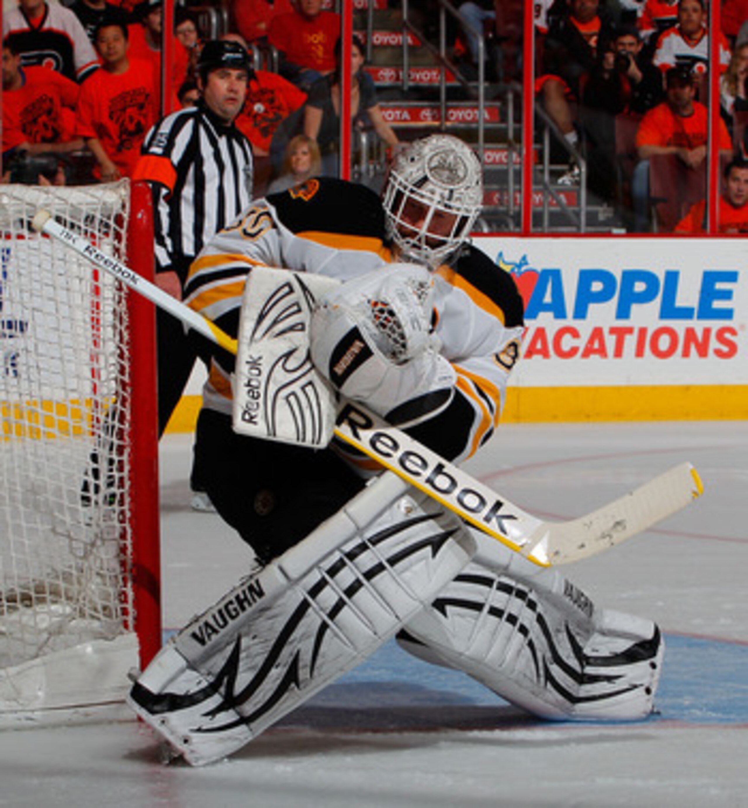PHILADELPHIA, PA - MAY 02:  Goalie Tim Thomas #30 of the Boston Bruins makes a save against the Philadelphia Flyers during the overtime period of Game Two of the Eastern Conference Semifinals during the 2011 NHL Stanley Cup Playoffs at Wells Fargo Center 