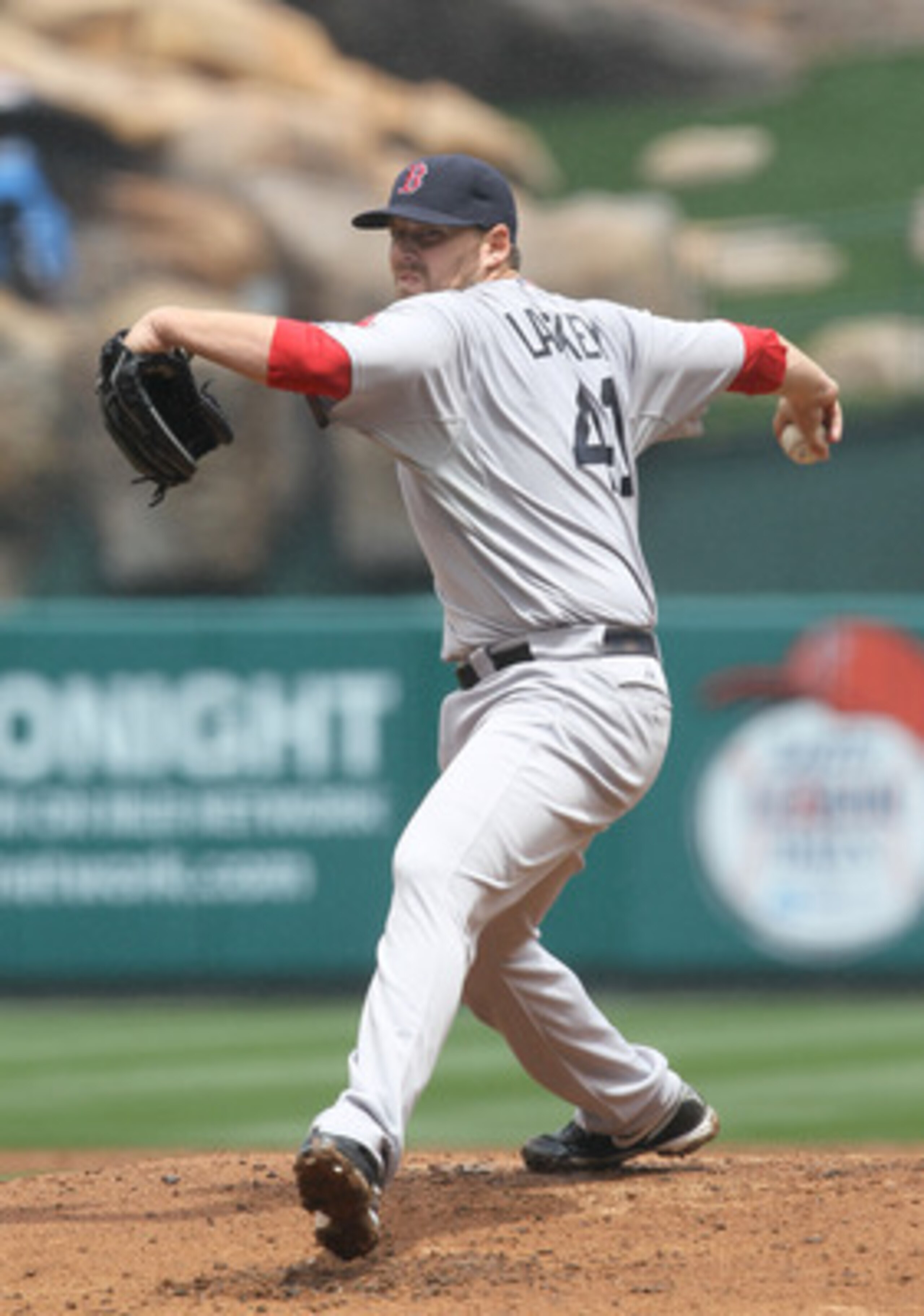 ANAHEIM, CA - APRIL 24:  John Lackey #41 of the Boston Red Sox throws a pitch against the Los Angeles Angels of Anaheim on April 24, 2011 at Angel Stadium in Anaheim, California.   (Photo by Stephen Dunn/Getty Images)