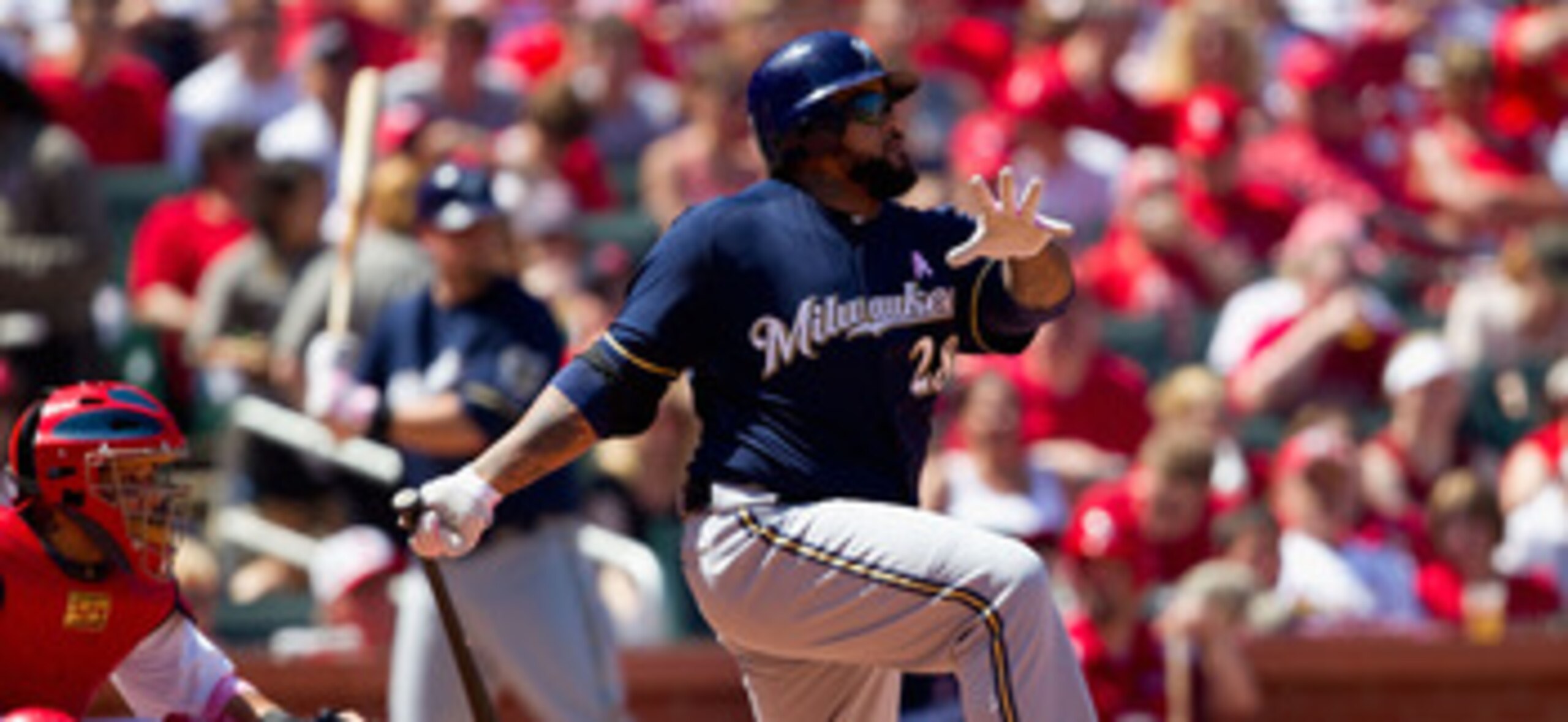 ST. LOUIS, MO - MAY 8: Prince Fielder #28 of the Milwaukee Brewers hits a single against the St. Louis Cardinals at Busch Stadium on May 8, 2011 in St. Louis, Missouri.  (Photo by Dilip Vishwanat/Getty Images)