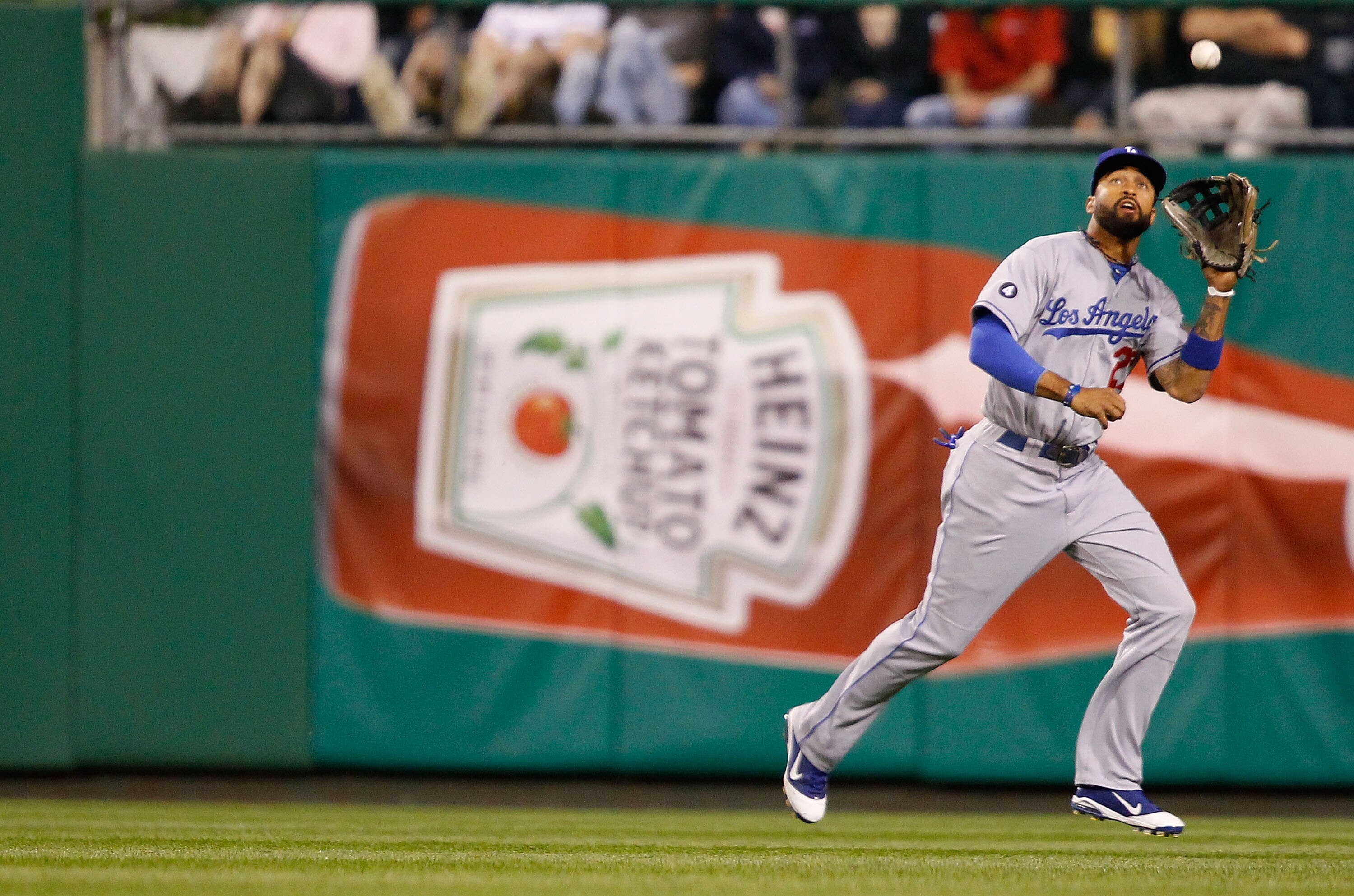 PITTSBURGH - MAY 09:  Matt Kempt #27 of the Los Angeles Dodgers makes a catch in the outfield during the game against the Pittsburgh Pirates on May 9, 2011 at PNC Park in Pittsburgh, Pennsylvania.  (Photo by Jared Wickerham/Getty Images)