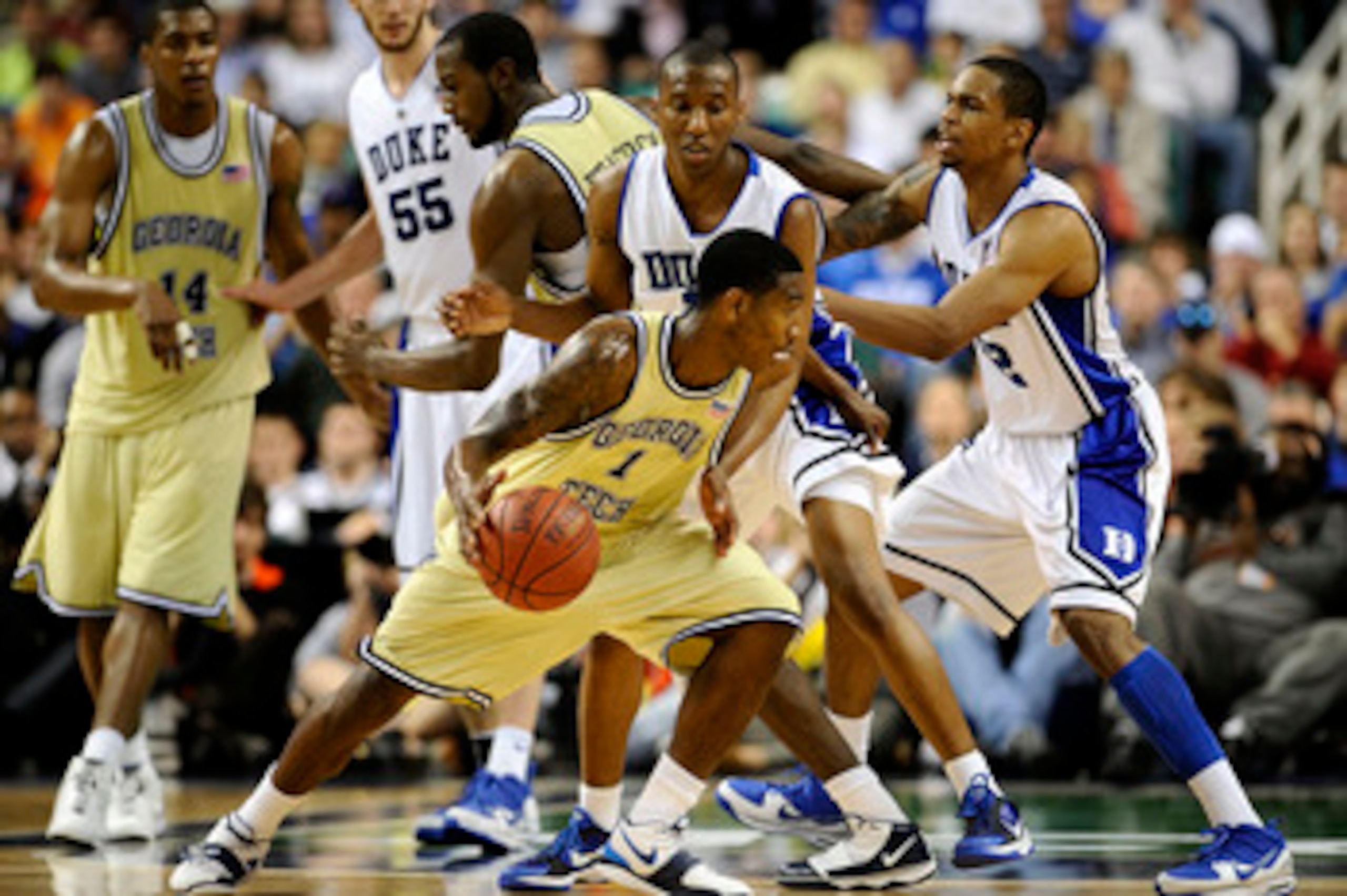 GREENSBORO, NC - MARCH 14:  Nolan Smith #2 of the Duke Blue Devils guards Iman Shumpert #1 of the Georgia Tech Yellow Jackets in the championship game of the 2010 ACC Men's Basketball Tournament at the Greensboro Coliseum on March 14, 2010 in Greensboro, 